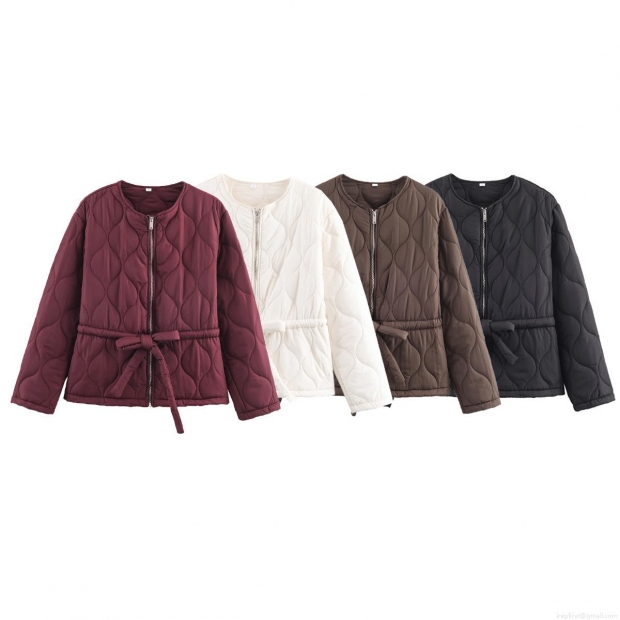 Women's Quilted Puffer Jacket 100% Polyester Round Neck With Waist Belt Casual Long Sleeve Solid Color Warm Outerwear For Women Women's Quilted Puffer Jacket 100% Polyester Round Neck With Waist Belt Casual Long Sleeve Solid Color Warm Outerwear For Women