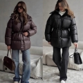 Women's Hooded Padded Jacket Cotton Blend Drawstring Waist Warm Quilted Coat Casual Outerwear For Autumn Winter Women's Hooded Padded Jacket Cotton Blend Drawstring Waist Warm Quilted Coat Casual Outerwear For Autumn Winter