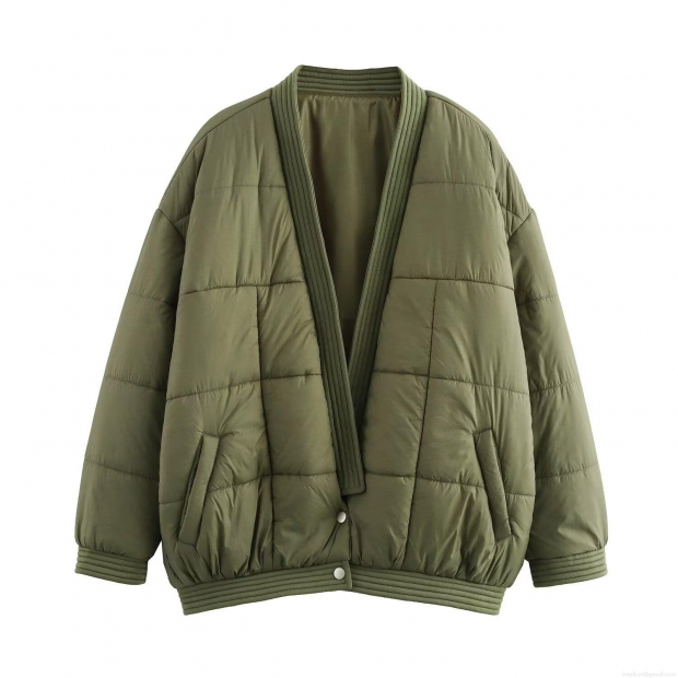 Women's Army Green Quilted Jacket Cotton Blend Loose Long Sleeve V-Neck Warm Puffer Coat For Casual Winter Outwear Women's Army Green Quilted Jacket Cotton Blend Loose Long Sleeve V-Neck Warm Puffer Coat For Casual Winter Outwear