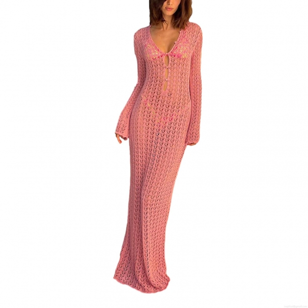 Women's Sexy Crochet Hollow Out Beach Cover-Up Dress Solid Color V-Neck Long Sleeve Maxi Sunscreen Knit Swimsuit Coverup With Pearl Buttons Vacation Holiday Summerwear Women's Sexy Crochet Hollow Out Beach Cover-Up Dress Solid Color V-Neck Long Sleeve Maxi Sunscreen Knit Swimsuit Coverup With Pearl Buttons Vacation Holiday Summerwear