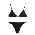 Women's Sexy Black Triangle Bikini Set Two Piece Swimsuit With Gold Metal Buckle Polyester Spandex Solid Color Beachwear For Vacation Swimming Women's Sexy Black Triangle Bikini Set Two Piece Swimsuit With Gold Metal Buckle Polyester Spandex Solid Color Beachwear For Vacation Swimming