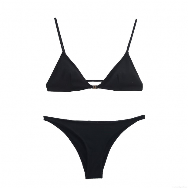 Women's Sexy Black Triangle Bikini Set Two Piece Swimsuit With Gold Metal Buckle Polyester Spandex Solid Color Beachwear For Vacation Swimming Women's Sexy Black Triangle Bikini Set Two Piece Swimsuit With Gold Metal Buckle Polyester Spandex Solid Color Beachwear For Vacation Swimming