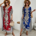 Women's Bohemian Print V-Neck Maxi Kaftan Dress With Waist Drawstring Ethnic Beach Cover-Up Summer Resort Wear One Size Women's Bohemian Print V-Neck Maxi Kaftan Dress With Waist Drawstring Ethnic Beach Cover-Up Summer Resort Wear One Size