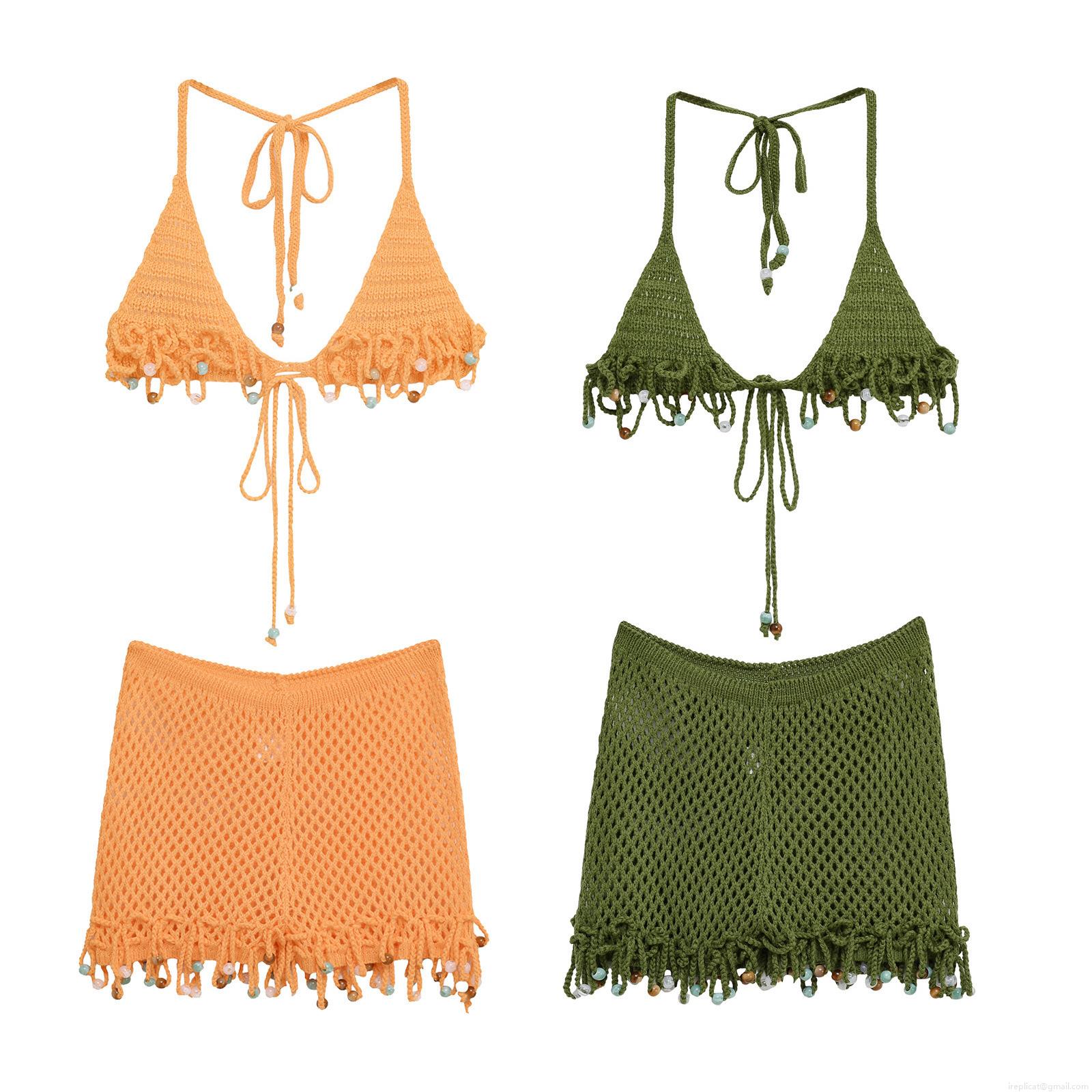 Women Sexy Handmade Crochet Bikini Set Beaded Tassel Halter Bra And Boho Beach Shorts Two Piece Resort Swimsuit Summer Outfits