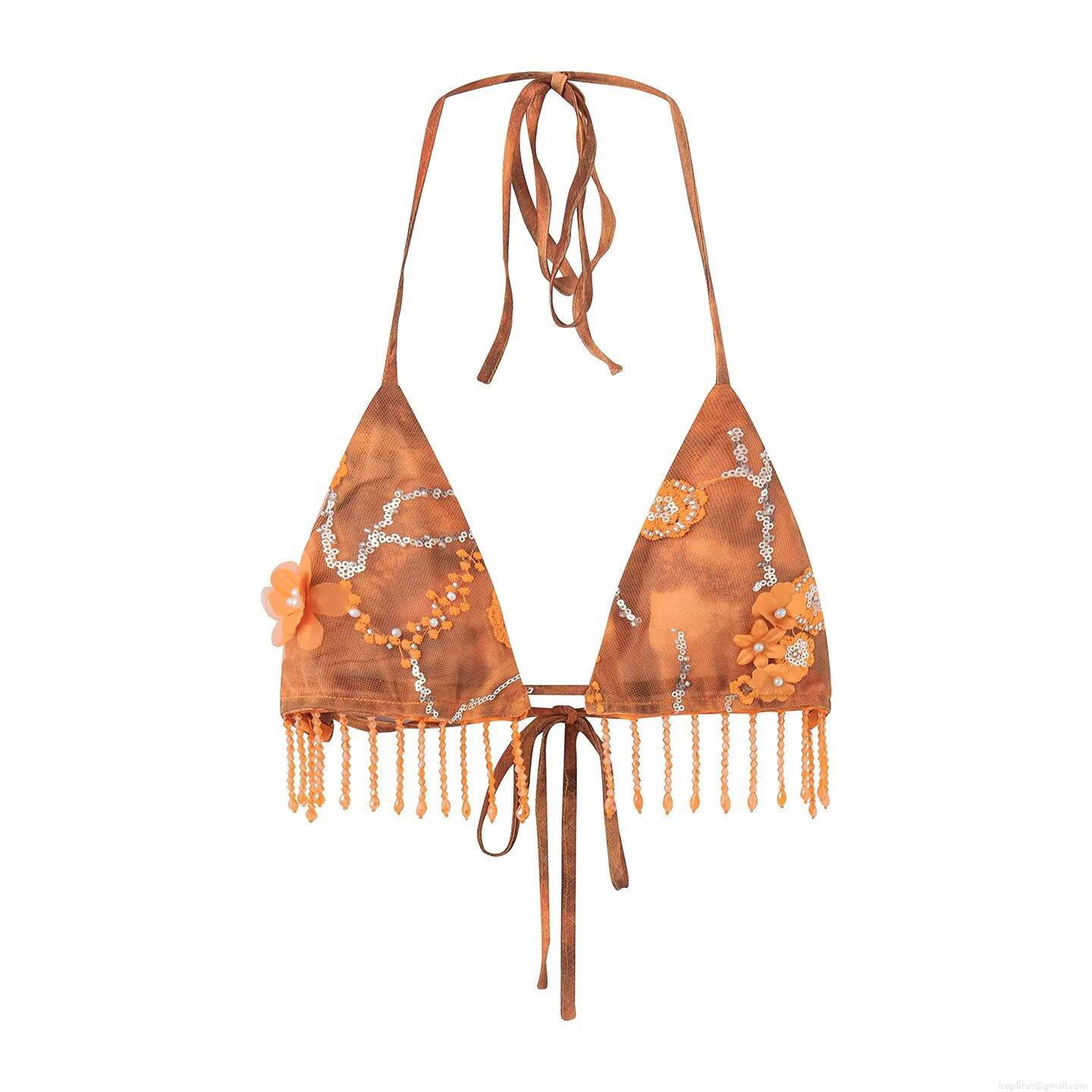 Sexy 3-Piece Bikini Set Halter Swimsuit with Sequin Flower Fringe Sarong Skirt Bohemian Women's Beachwear Embroidery Tassel Swimwear Cover Up
