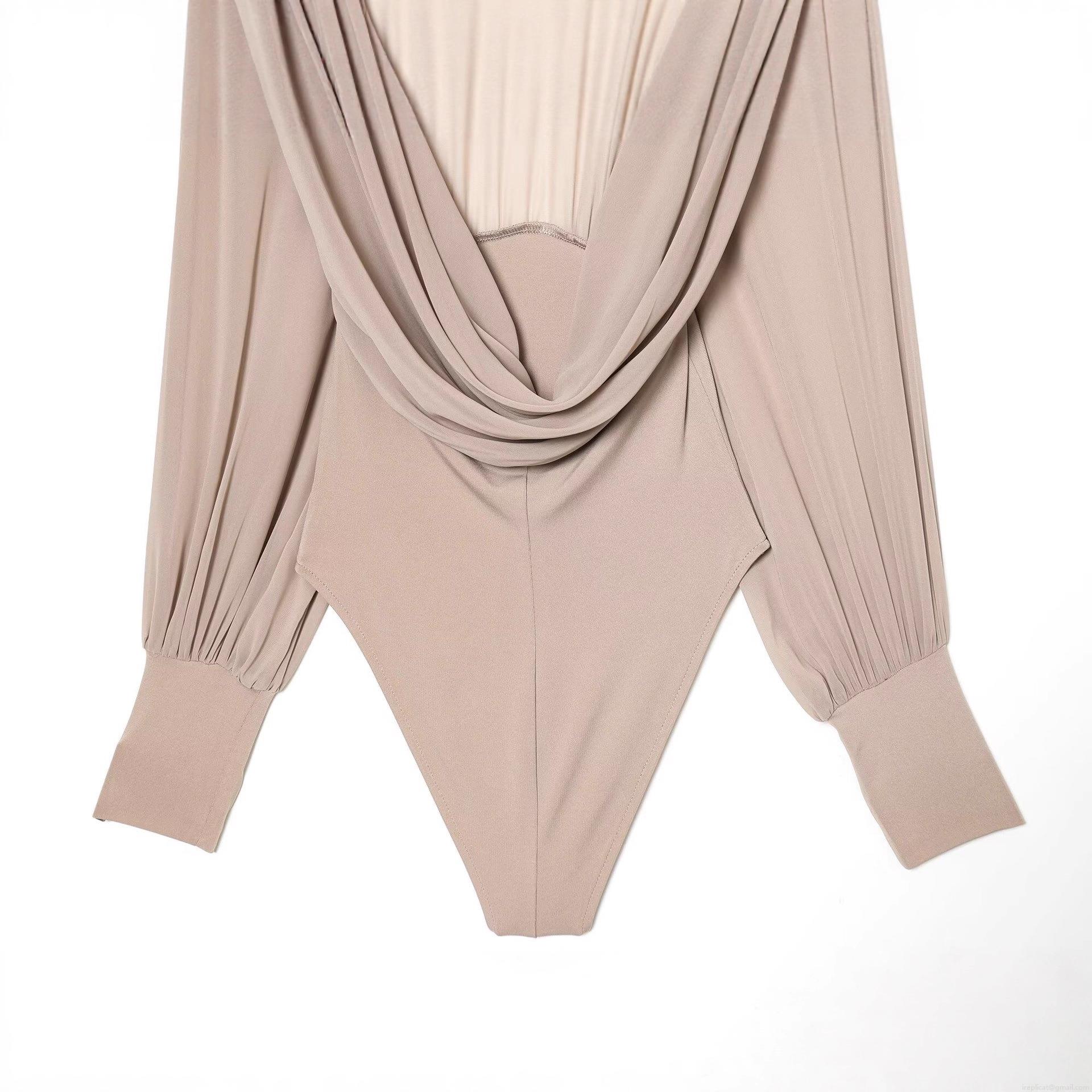 Sexy Backless Mesh Patchwork Bodysuit Women Half High Neck Long Sleeve Draped Back Slim Fit Leotard Jumpsuit Top Streetwear Party Clubwear