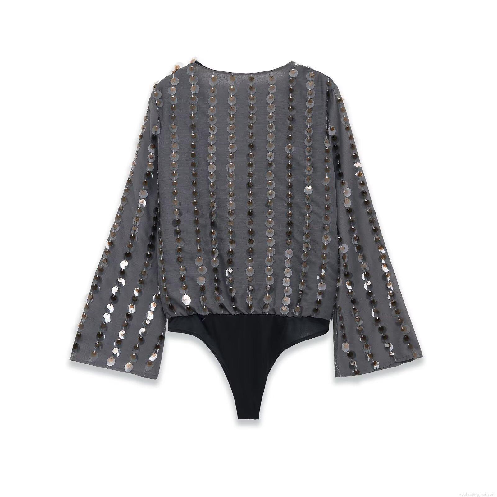 Sexy V Neck Sequin Bodysuit Women Long Bell Sleeve 100% Polyester Patchwork Jumpsuit For Party Club Street Style Night Out Gray