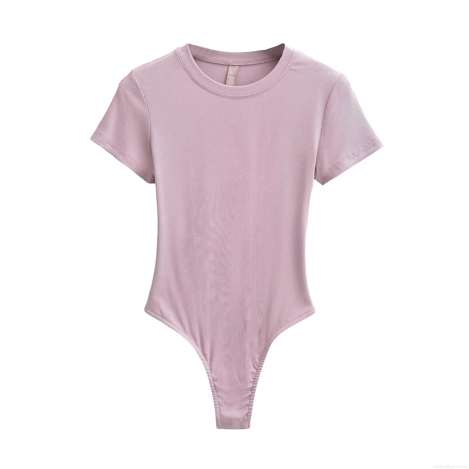 Women's Ribbed Short Sleeve Bodysuit Stretch Modal Blend Round Neck Slim Fit One-Piece T-Shirt Sexy Summer Base Layer Solid Color Top