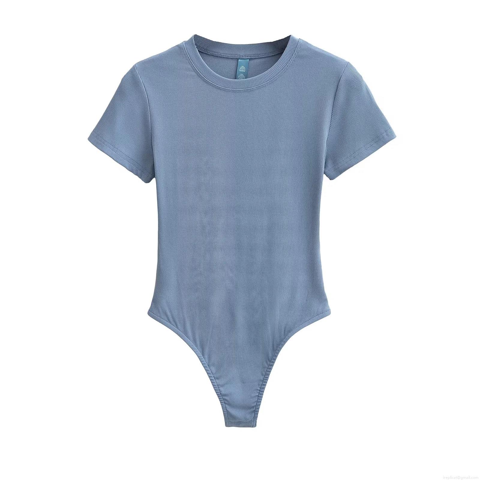 Women's Ribbed Short Sleeve Bodysuit Stretch Modal Blend Round Neck Slim Fit One-Piece T-Shirt Sexy Summer Base Layer Solid Color Top
