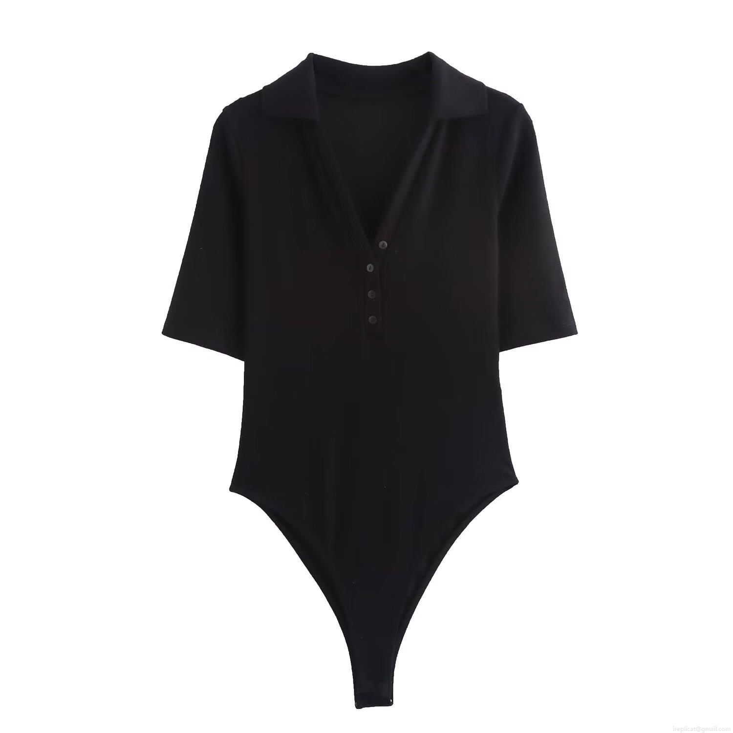 Women's Slim Fit Ribbed Knit Short Sleeve Bodysuit Sexy V Neck Polo Collar Button Up One Piece Jumpsuit Top Solid Color Streetwear
