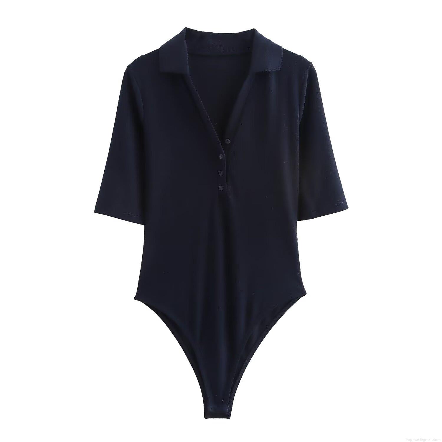 Women's Slim Fit Ribbed Knit Short Sleeve Bodysuit Sexy V Neck Polo Collar Button Up One Piece Jumpsuit Top Solid Color Streetwear