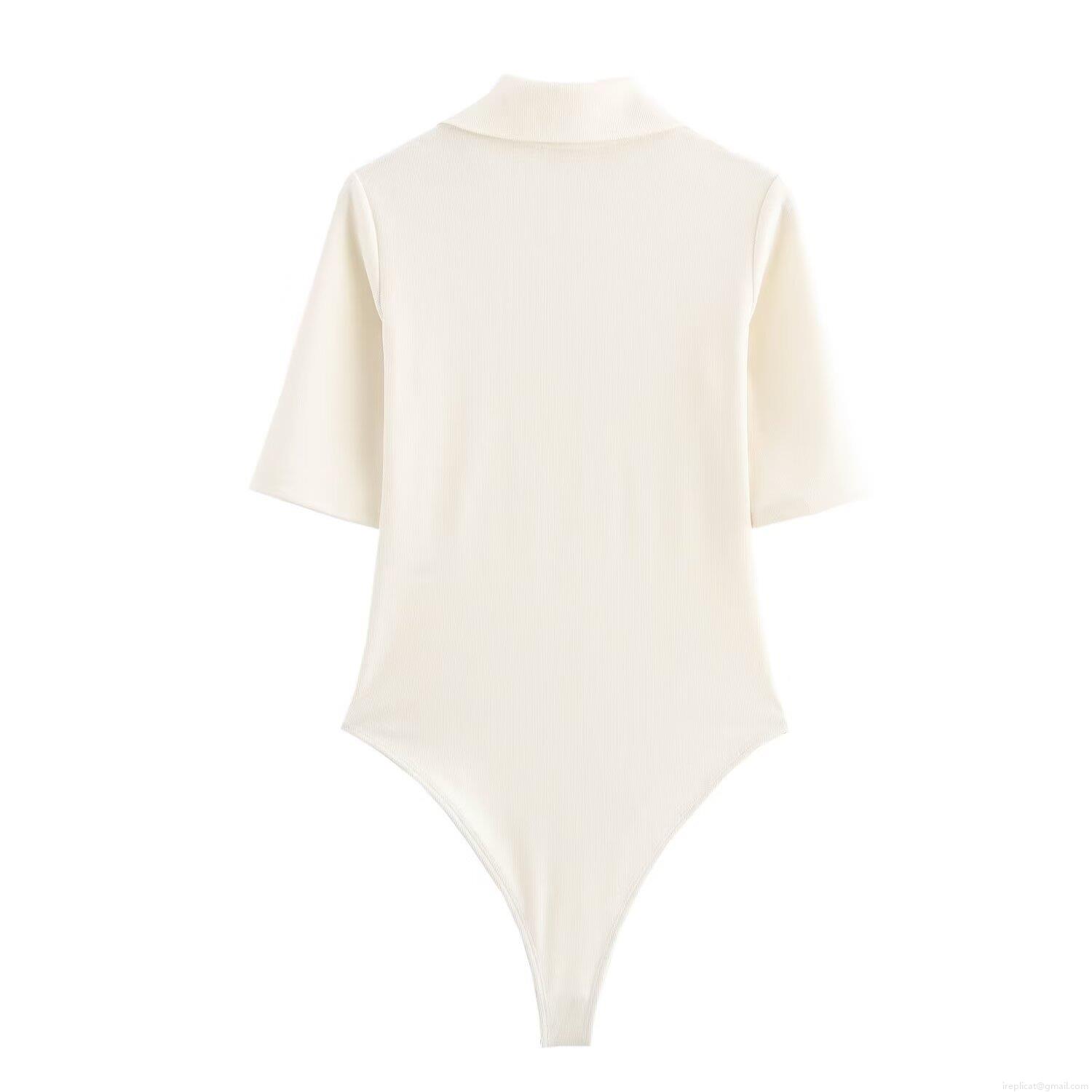 Women's Slim Fit Ribbed Knit Short Sleeve Bodysuit Sexy V Neck Polo Collar Button Up One Piece Jumpsuit Top Solid Color Streetwear