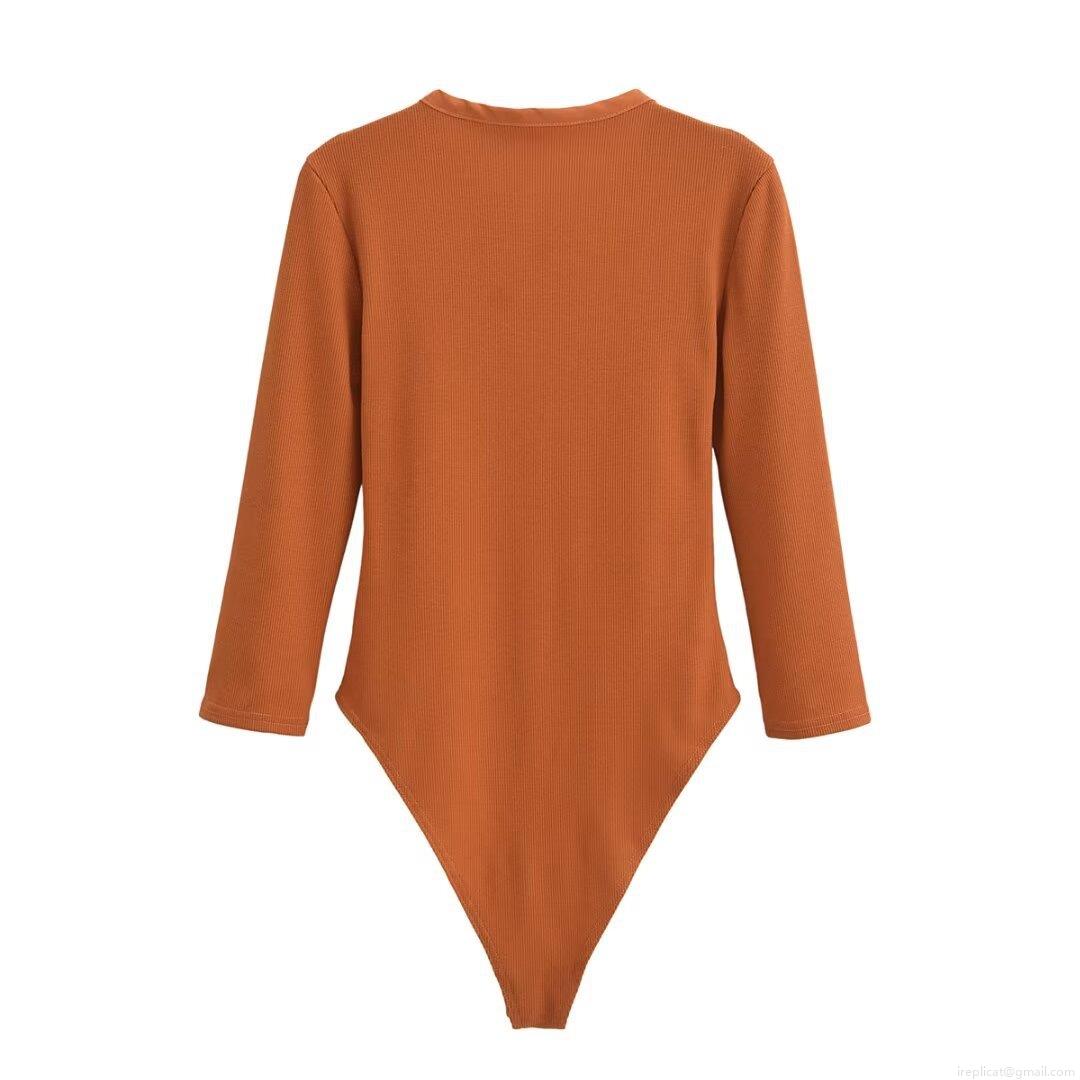 Women's Ribbed Knit Long Sleeve Bodysuit Sexy Slim Fit Round Neck Henley Button Up Jumpsuit Solid Color Streetwear Leotard Top For Daily Casual Wear