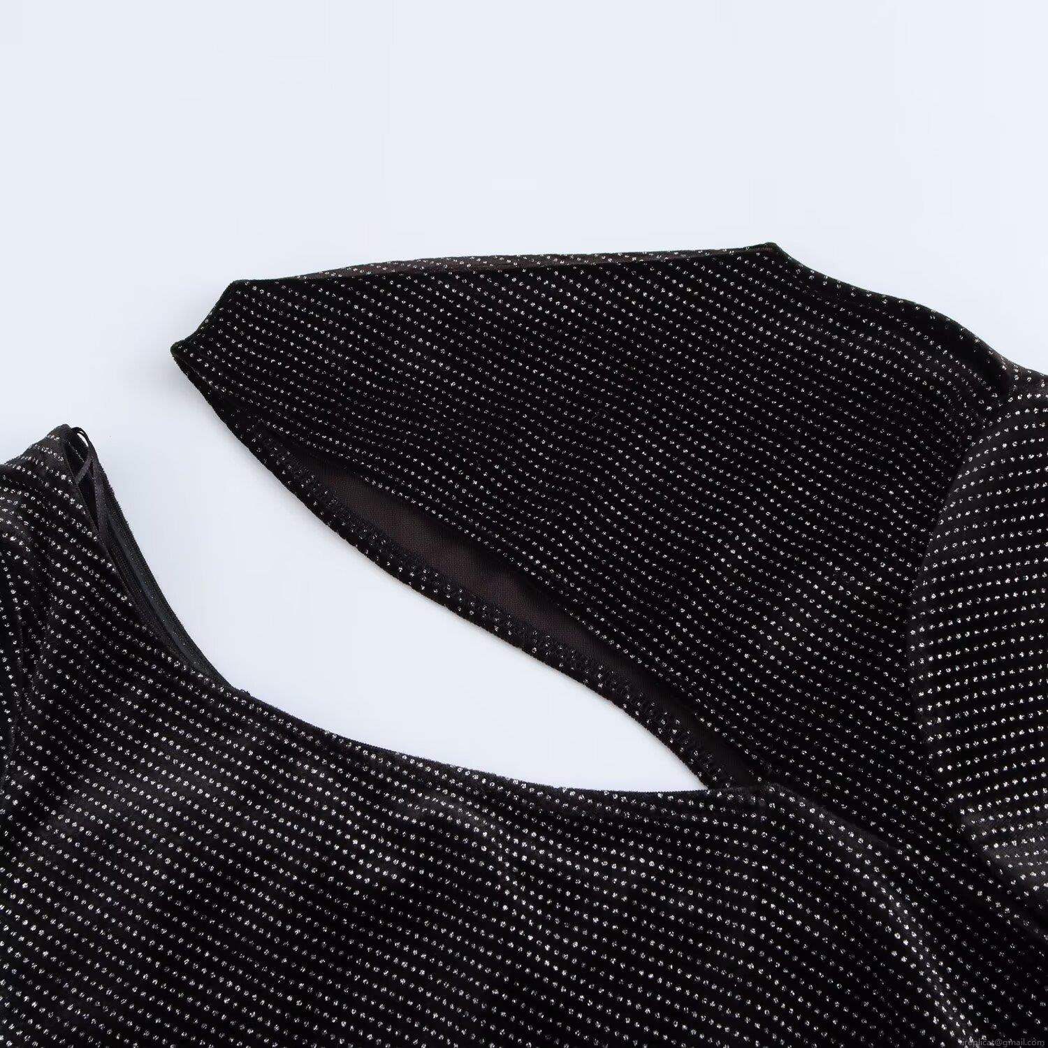 Women's Sexy Black Velvet Glitter Bodysuit Long Sleeve Cut Out Asymmetric Neck One Piece Bodycon Top Streetwear Party Clubwear