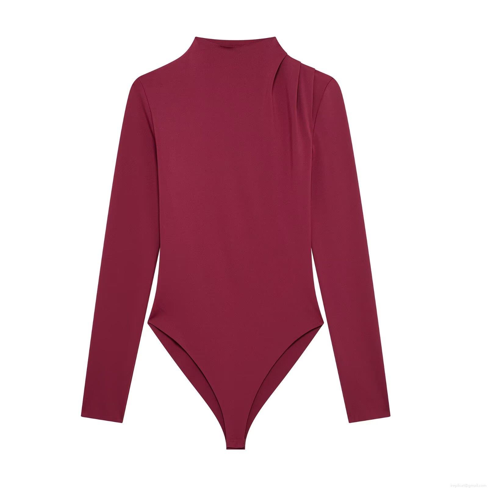 Women's Fashion Stretchy Ruched Long Sleeve Bodysuit Mock Neck Slim Fit Polyester Jumpsuit Casual One Piece Party Streetwear Chic Top