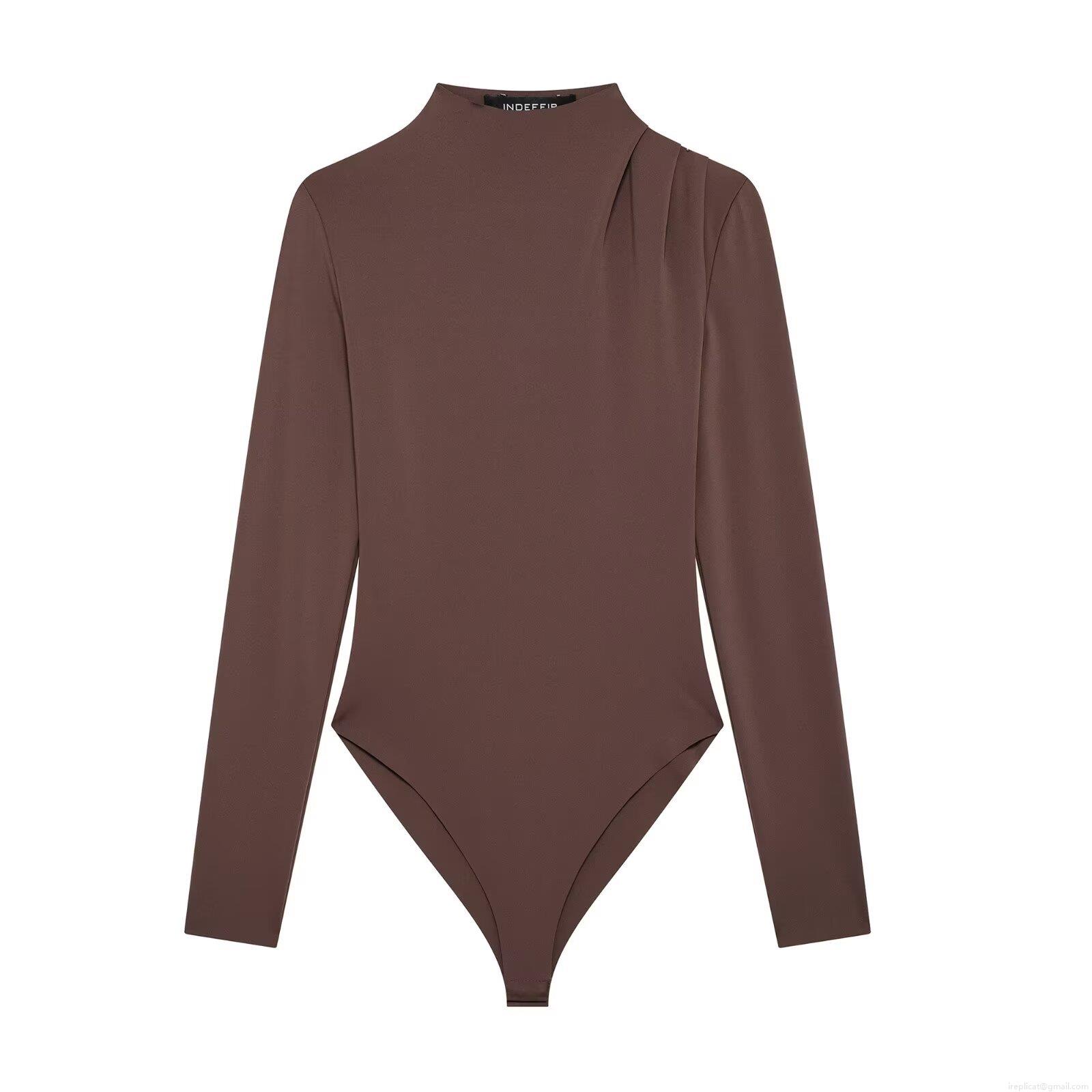 Women's Fashion Stretchy Ruched Long Sleeve Bodysuit Mock Neck Slim Fit Polyester Jumpsuit Casual One Piece Party Streetwear Chic Top