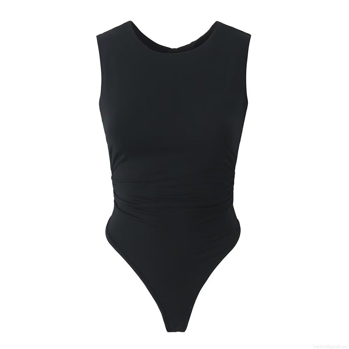 Women Sexy Sleeveless Bodysuit Backless Hollow Out Ruched Waist Rayon Spandex Round Neck Slim Fit One Piece Jumpsuit Streetwear Fashion Top