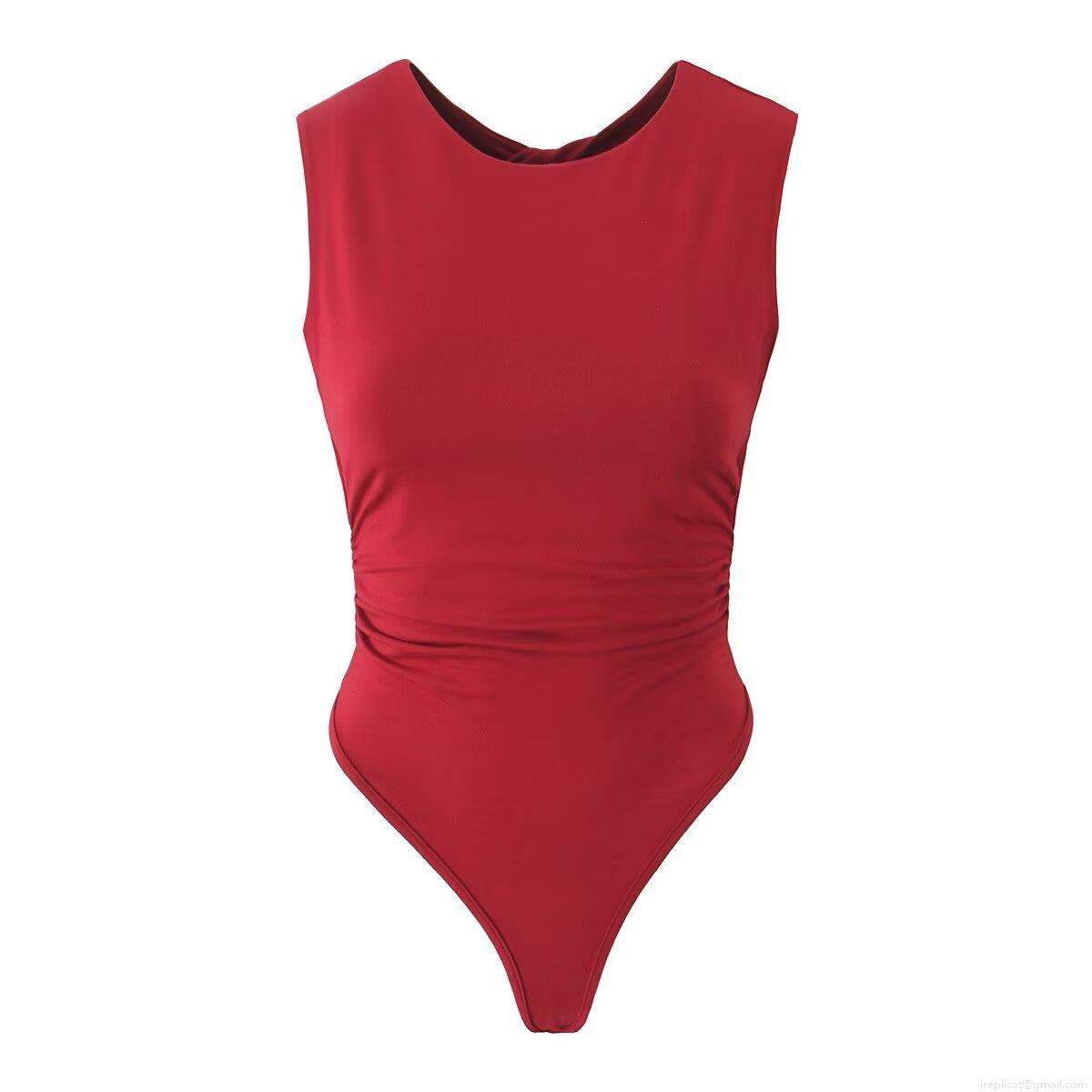 Women Sexy Sleeveless Bodysuit Backless Hollow Out Ruched Waist Rayon Spandex Round Neck Slim Fit One Piece Jumpsuit Streetwear Fashion Top