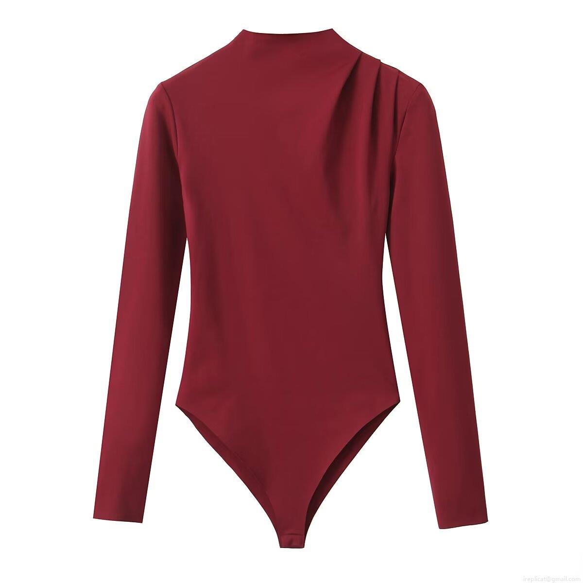 Women Mock Neck Pleated Shoulder Bodysuit Polyester Long Sleeve Slim Fit Sexy Solid Color Leotard Top For Party Daily Casual Streetwear Outfit