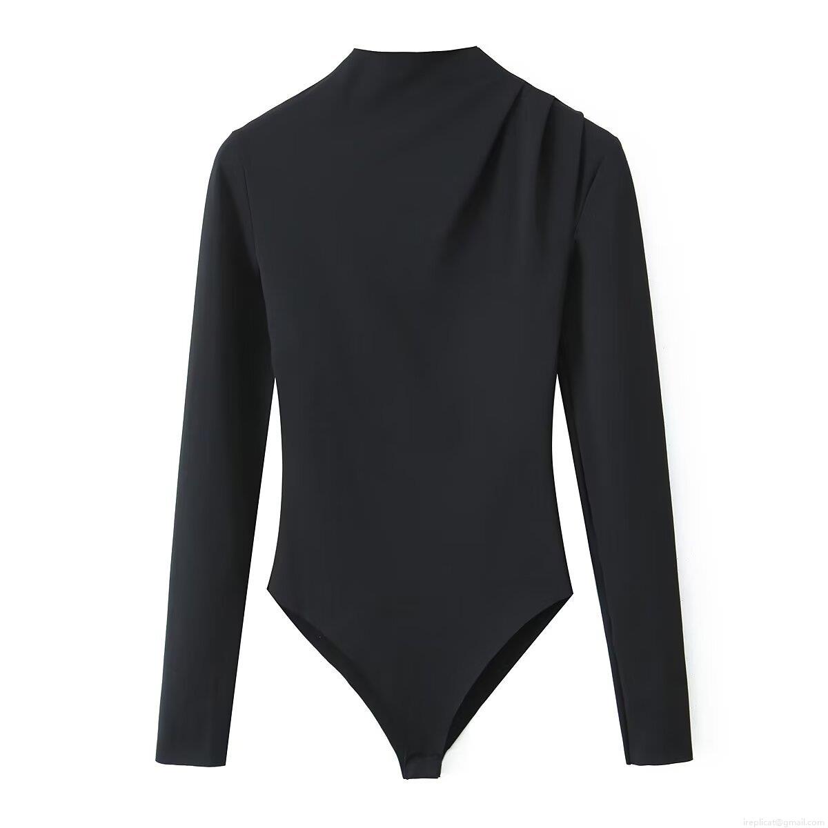 Women Mock Neck Pleated Shoulder Bodysuit Polyester Long Sleeve Slim Fit Sexy Solid Color Leotard Top For Party Daily Casual Streetwear Outfit