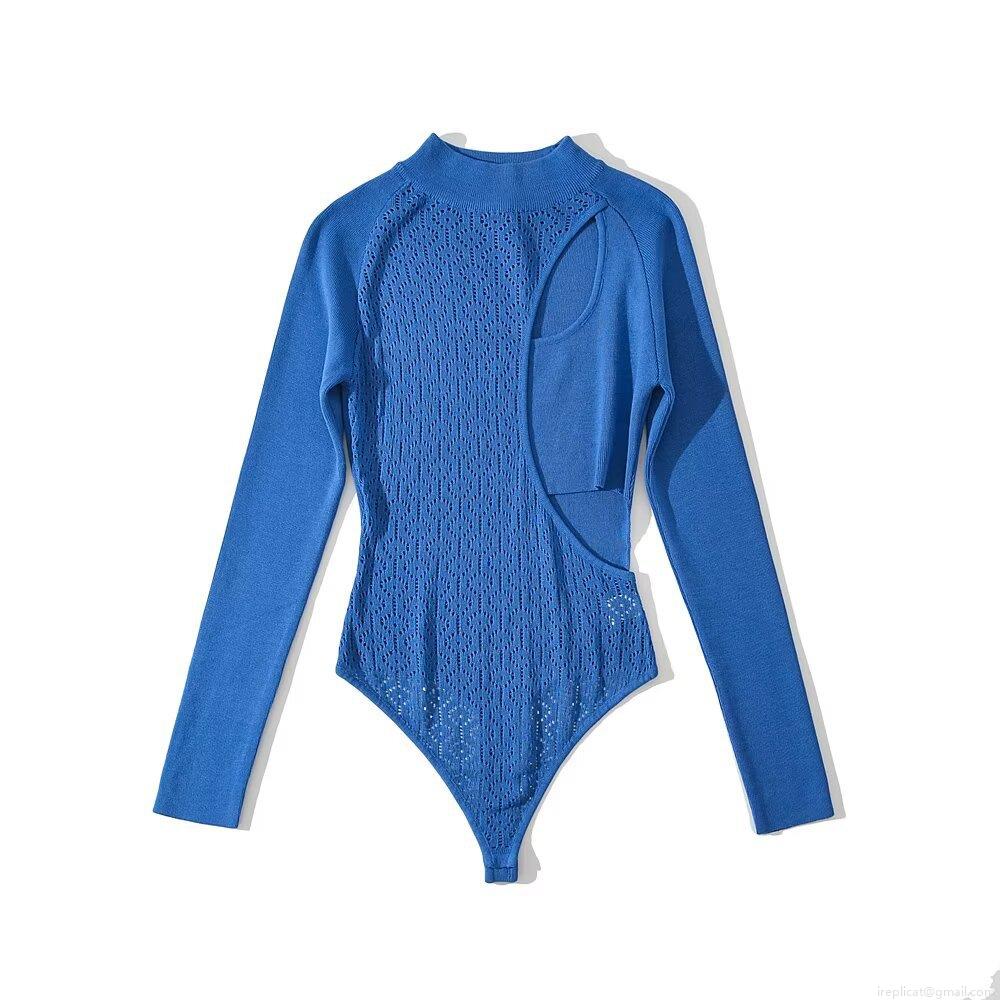 Women Sexy Hollow Out Knit Bodysuit Long Sleeve Rayon Nylon Bodycon Jumpsuit Streetwear Chic One-Piece Top Nightclub Party Wear