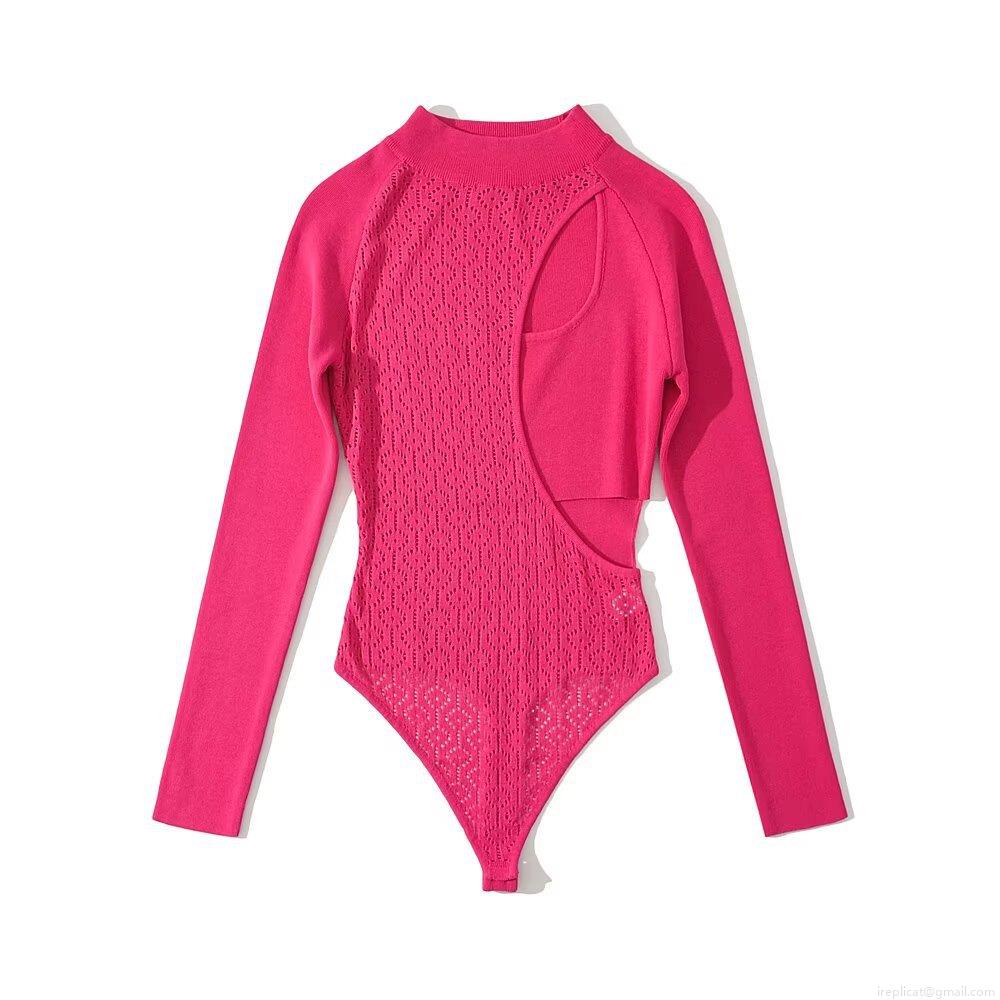 Women Sexy Hollow Out Knit Bodysuit Long Sleeve Rayon Nylon Bodycon Jumpsuit Streetwear Chic One-Piece Top Nightclub Party Wear