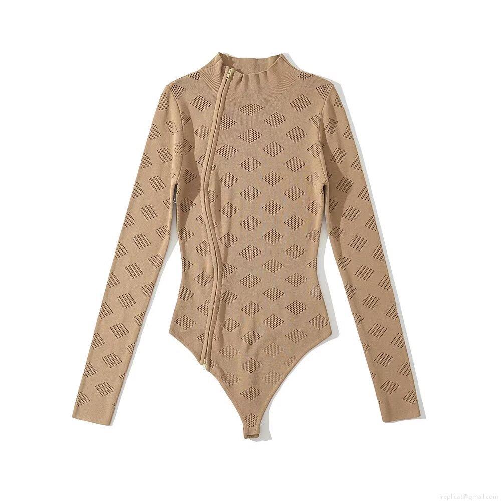 Women's Long Sleeve Bodysuit Knit Rayon Nylon Hollow Out Diamond Pattern Diagonal Double Zipper Stand Collar Slim Fit Jumpsuit Streetwear Tops