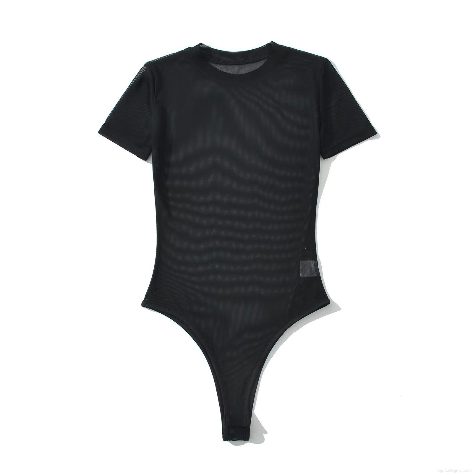 Women's Sexy See-Through Polyester Mesh Bodysuit Round Neck Short Sleeve Solid Color Slim Fit Jumpsuit Leotard Top For Streetwear Daily Wear