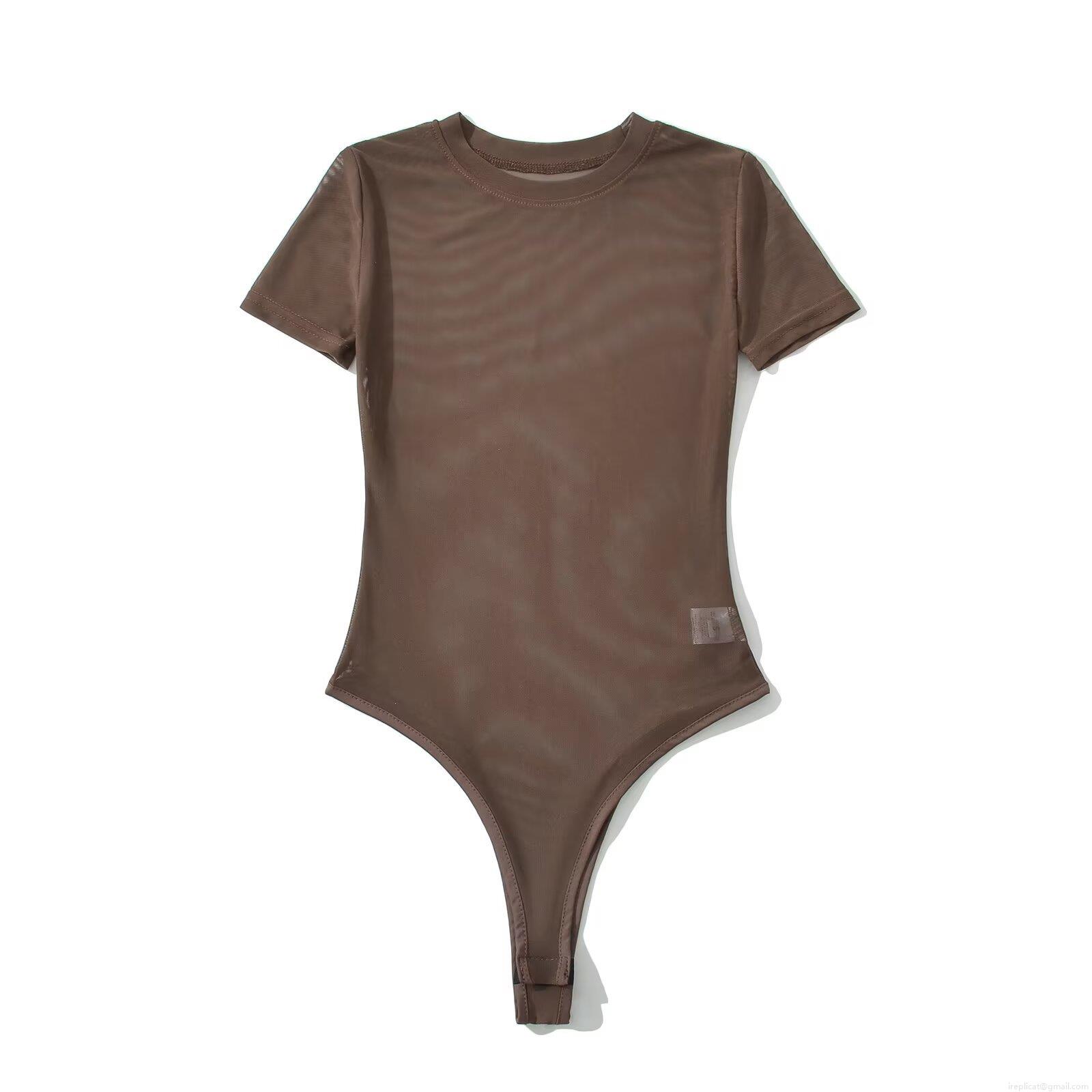 Women's Sexy See-Through Polyester Mesh Bodysuit Round Neck Short Sleeve Solid Color Slim Fit Jumpsuit Leotard Top For Streetwear Daily Wear