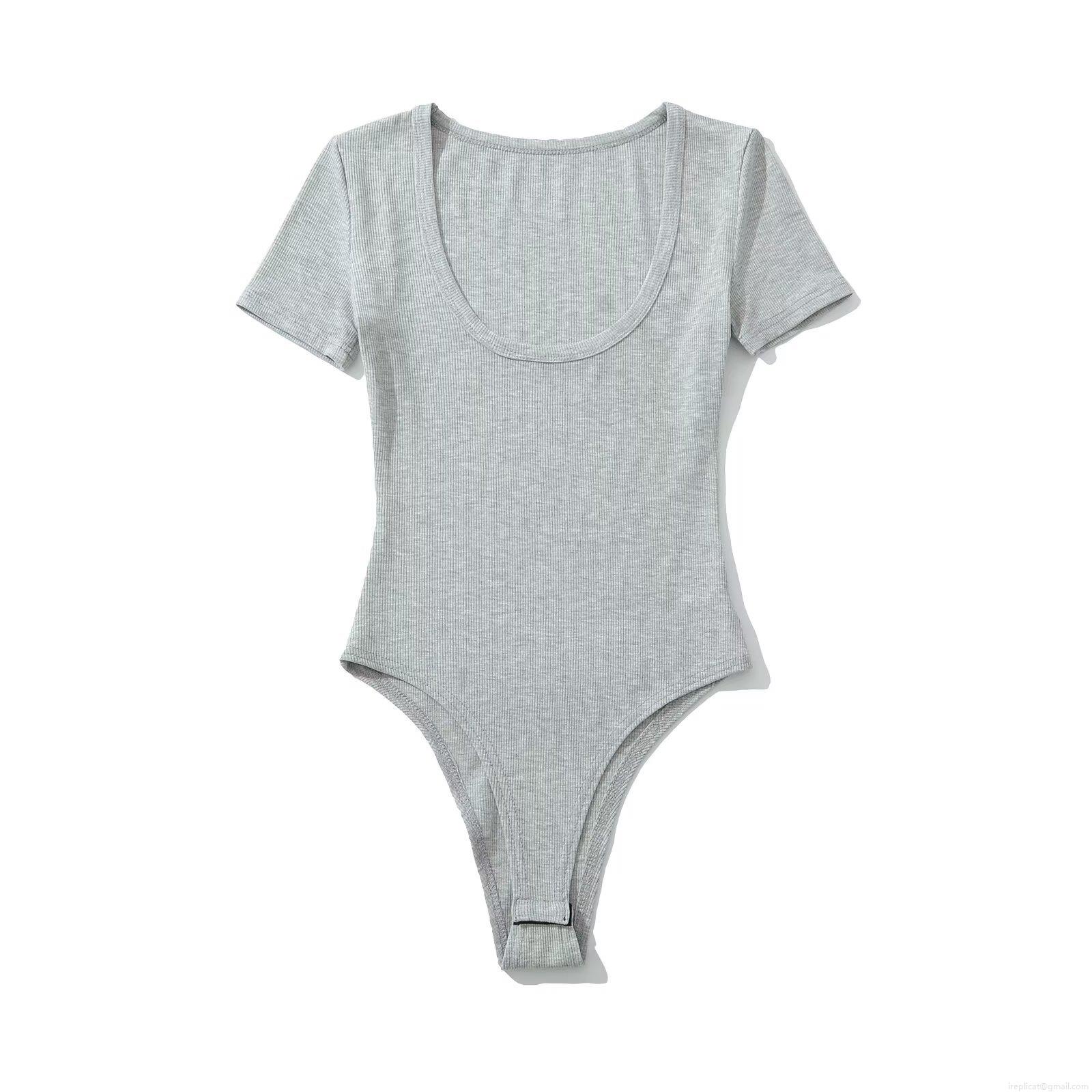 Women's U-Neck Short Sleeve Ribbed Bodysuit Slim Fit Stretchy Leotard Jumpsuit Casual Summer Streetwear Tee Top For Ladies