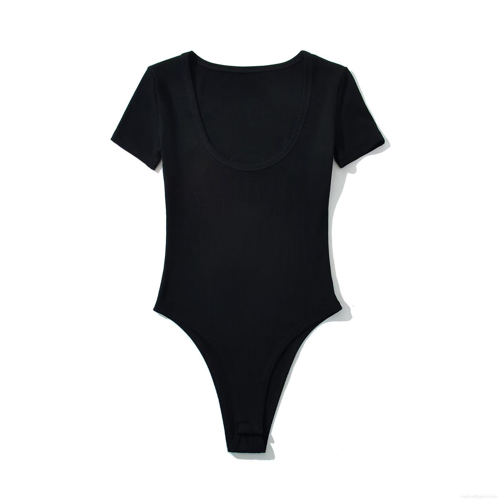 Women's U-Neck Short Sleeve Ribbed Bodysuit Slim Fit Stretchy Leotard Jumpsuit Casual Summer Streetwear Tee Top For Ladies