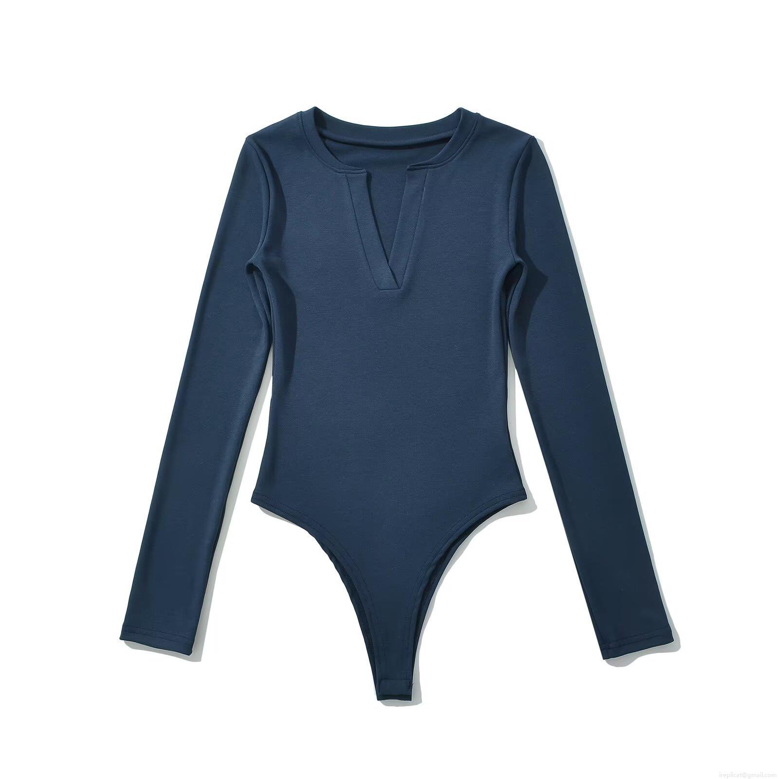 Women's Sexy Deep V Neck Long Sleeve Bodysuit Solid Color Ribbed Knit Slim Fit Jumpsuit Top Leotard For Casual Party Daily Clubwear
