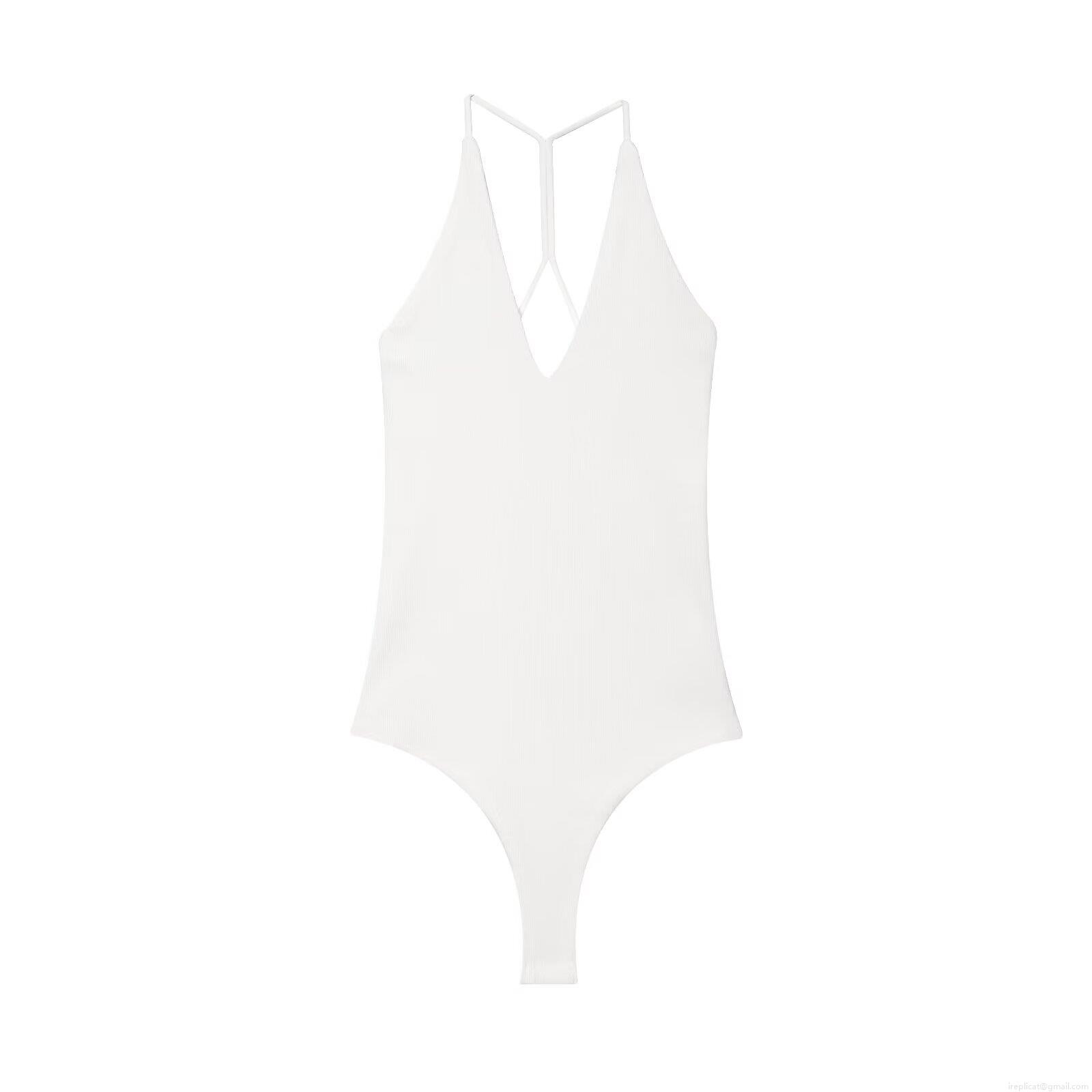 Women's Sexy Halter Neck Deep V Bodysuit Ribbed Knit Backless Sleeveless Cross Strap Slim Fit Leotard Summer Jumpsuit Top