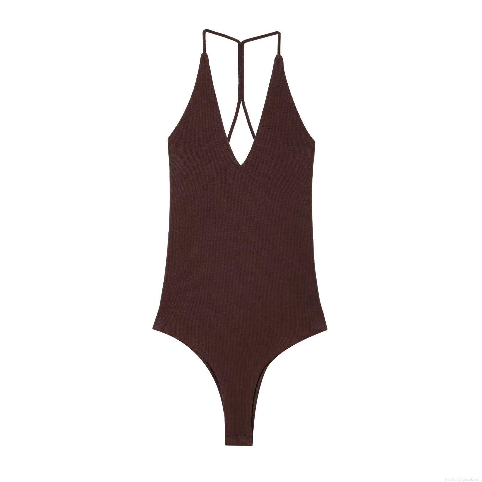 Women's Sexy Halter Neck Deep V Bodysuit Ribbed Knit Backless Sleeveless Cross Strap Slim Fit Leotard Summer Jumpsuit Top