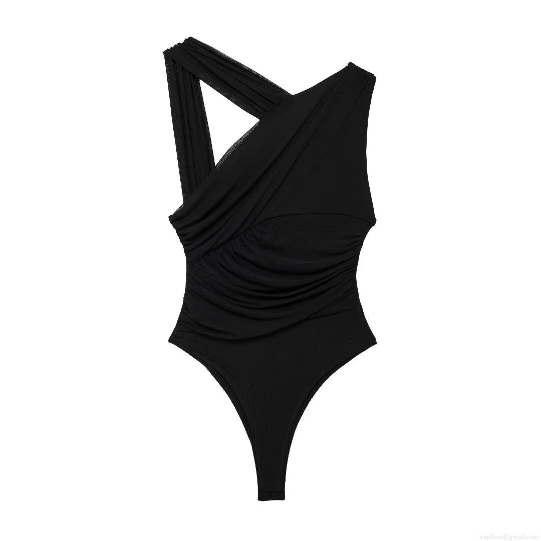 Sexy Women's One Shoulder Asymmetric Ruched Bodysuit Sleeveless Polyester Mesh Leopard Floral Print Jumpsuit Slim Fit Streetwear Party Clubwear Top