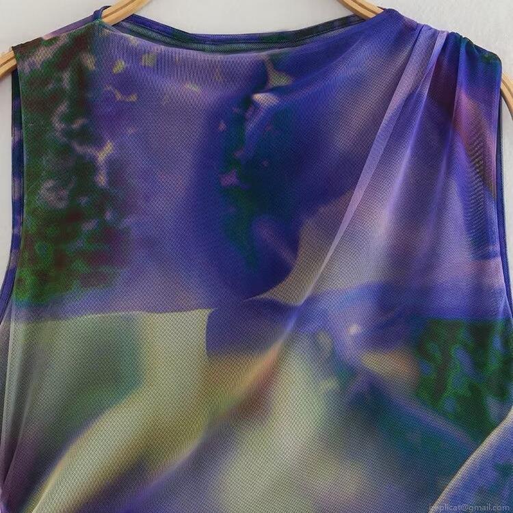 Women Vintage Sleeveless Mesh Bodysuit Abstract Floral Marble Print Ruched Slim Fit One Piece Top For Party Clubwear Streetwear Sexy Body Suits