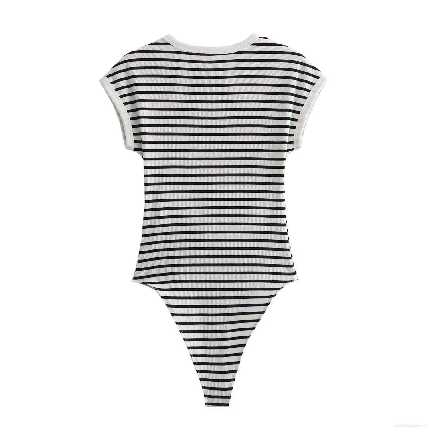 Women's Sexy Ribbed Knit Short Sleeve Bodysuit Slim Fit Round Neck Snap Button Closure Basic Solid Color Striped Jumpsuit For Women Daily Casual Wear