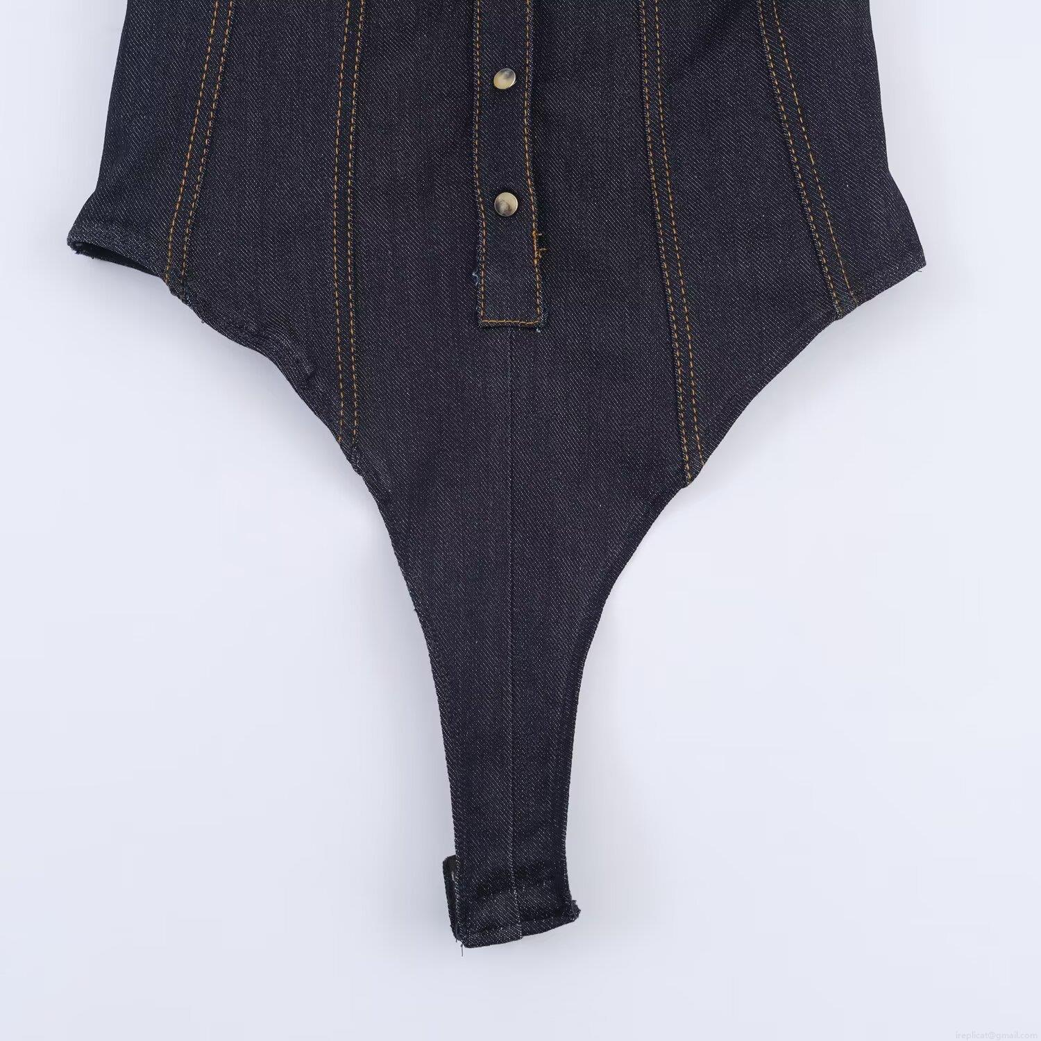 Women Dark Blue Denim Sleeveless Lapel Bodysuit Metal Buttons Contrast Stitching Slim Fit Casual One Piece Romper Top