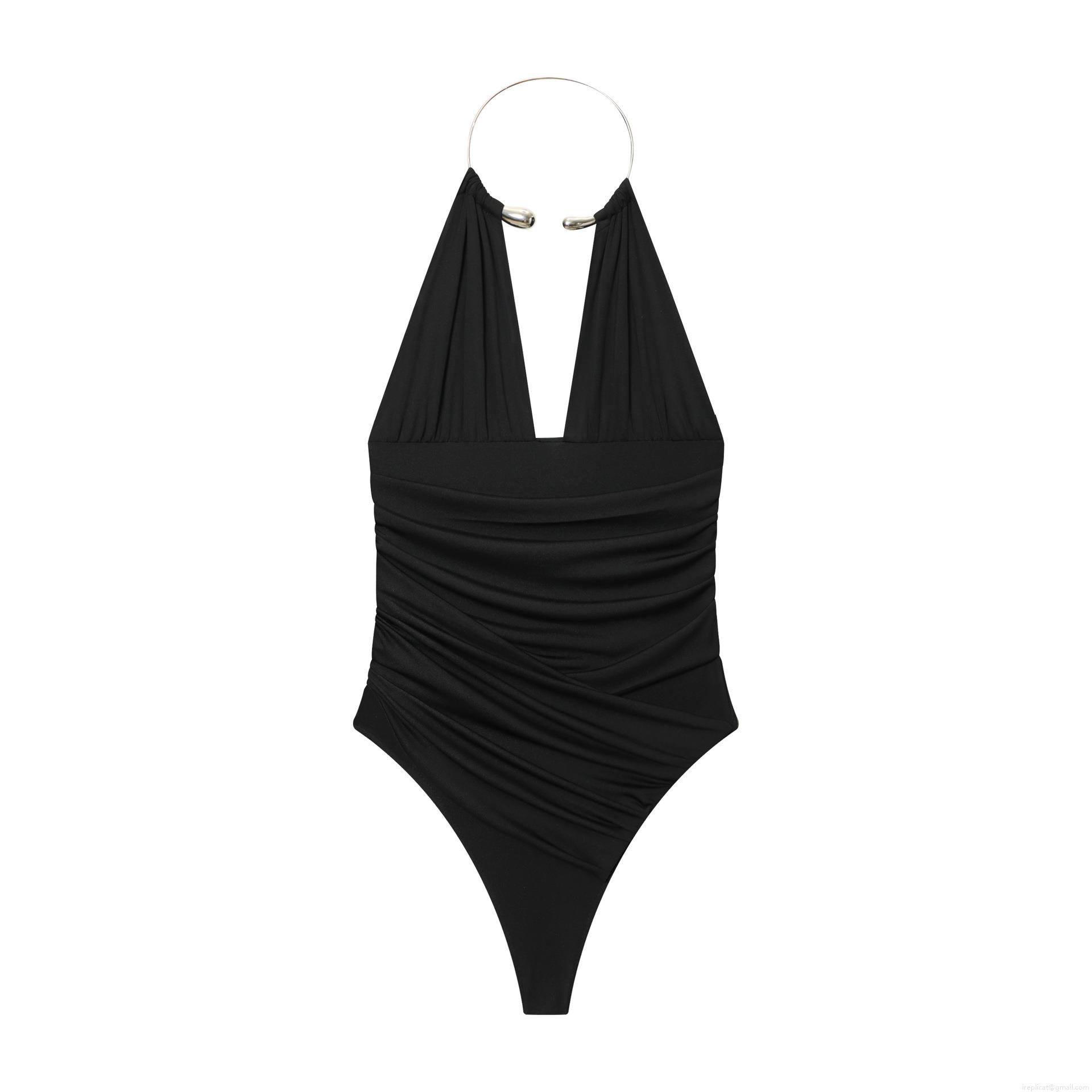 Women Sexy Halter V-Neck Bodysuit With Metal Ring Ruched Waist Slim Fit One Piece Jumpsuit For Party Club Summer Beach Sleeveless Top