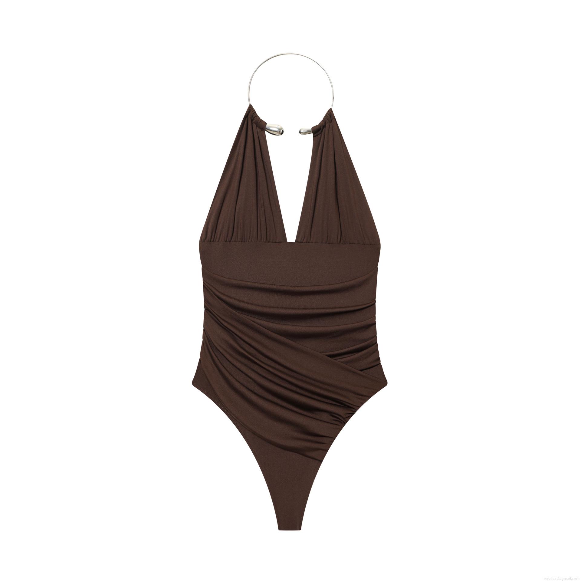 Women Sexy Halter V-Neck Bodysuit With Metal Ring Ruched Waist Slim Fit One Piece Jumpsuit For Party Club Summer Beach Sleeveless Top