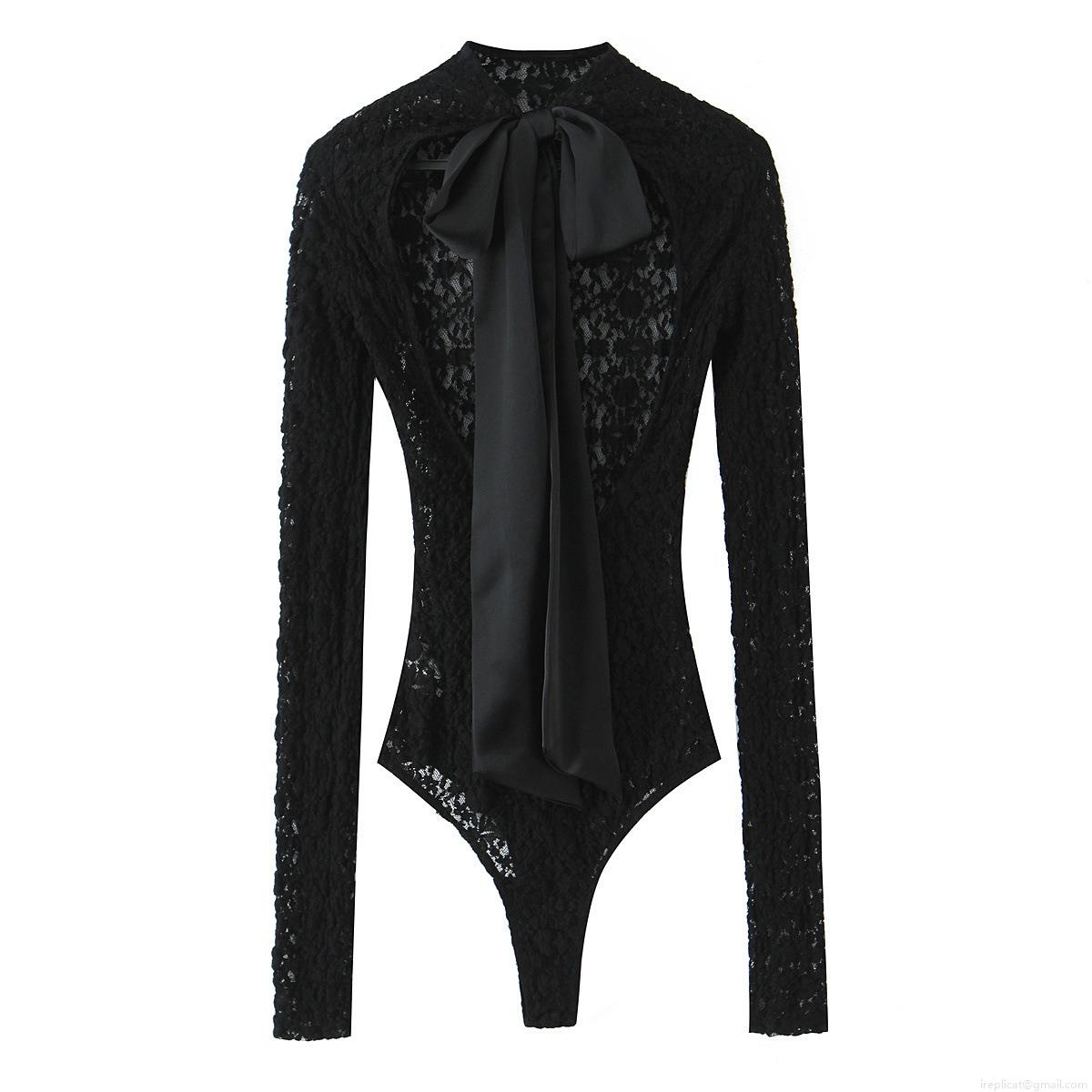 Women's Sexy Lace Bodysuit Long Sleeve High Neck Mesh Jumpsuit With Back Satin Bow Elegant Party Clubwear Bodycon Leotard Top