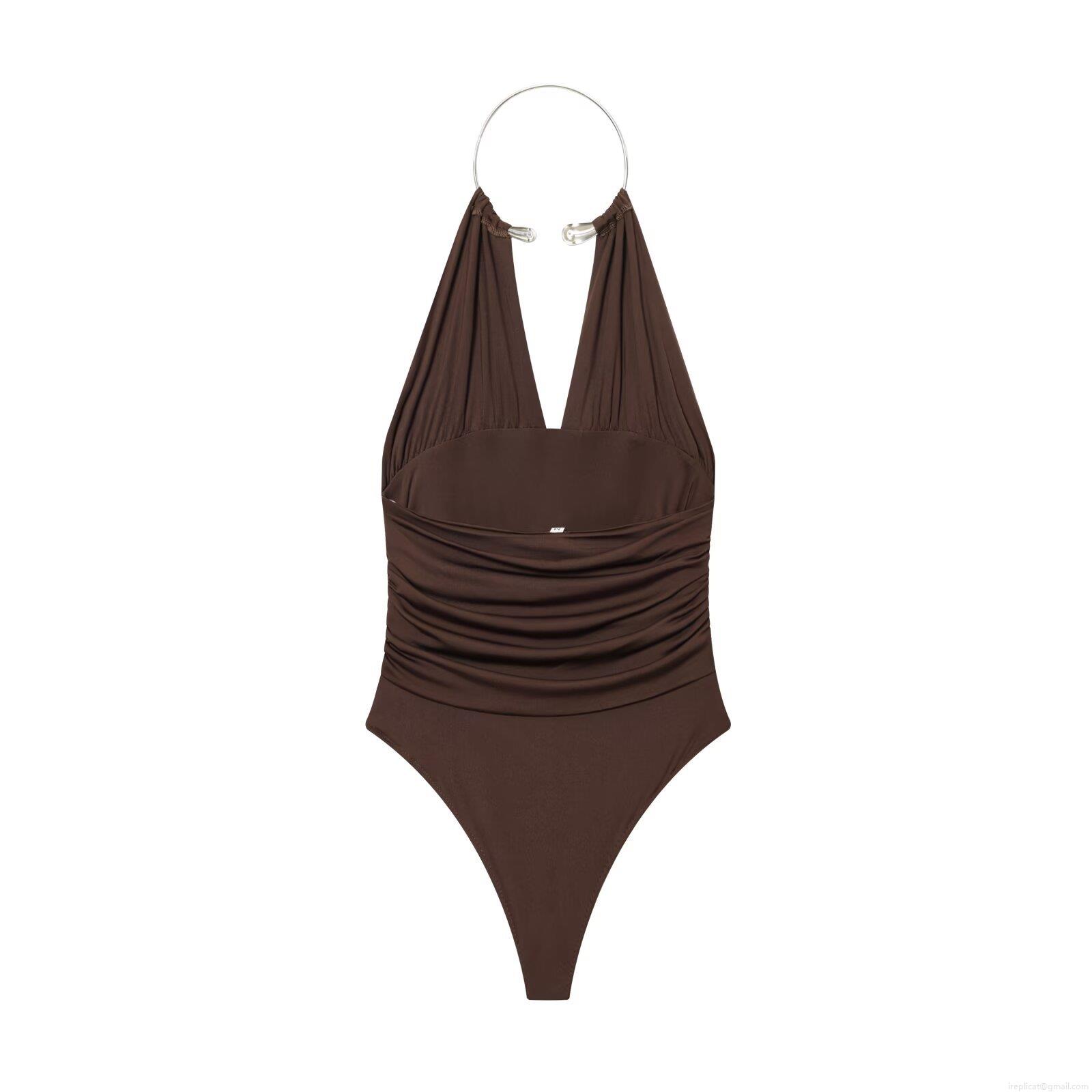 Sexy Halter Bodysuit Women Metal Ring Backless Ruched Slim Fit Sleeveless One Piece Jumpsuit For Party Clubwear Solid Color Tops