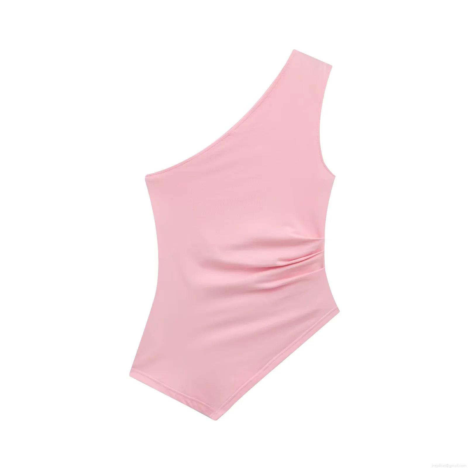 Women Sexy One Shoulder Ruched Bodysuit Sleeveless Polyester High Elasticity Jumpsuit Top For Party Clubwear Streetwear Casual White Black Pink