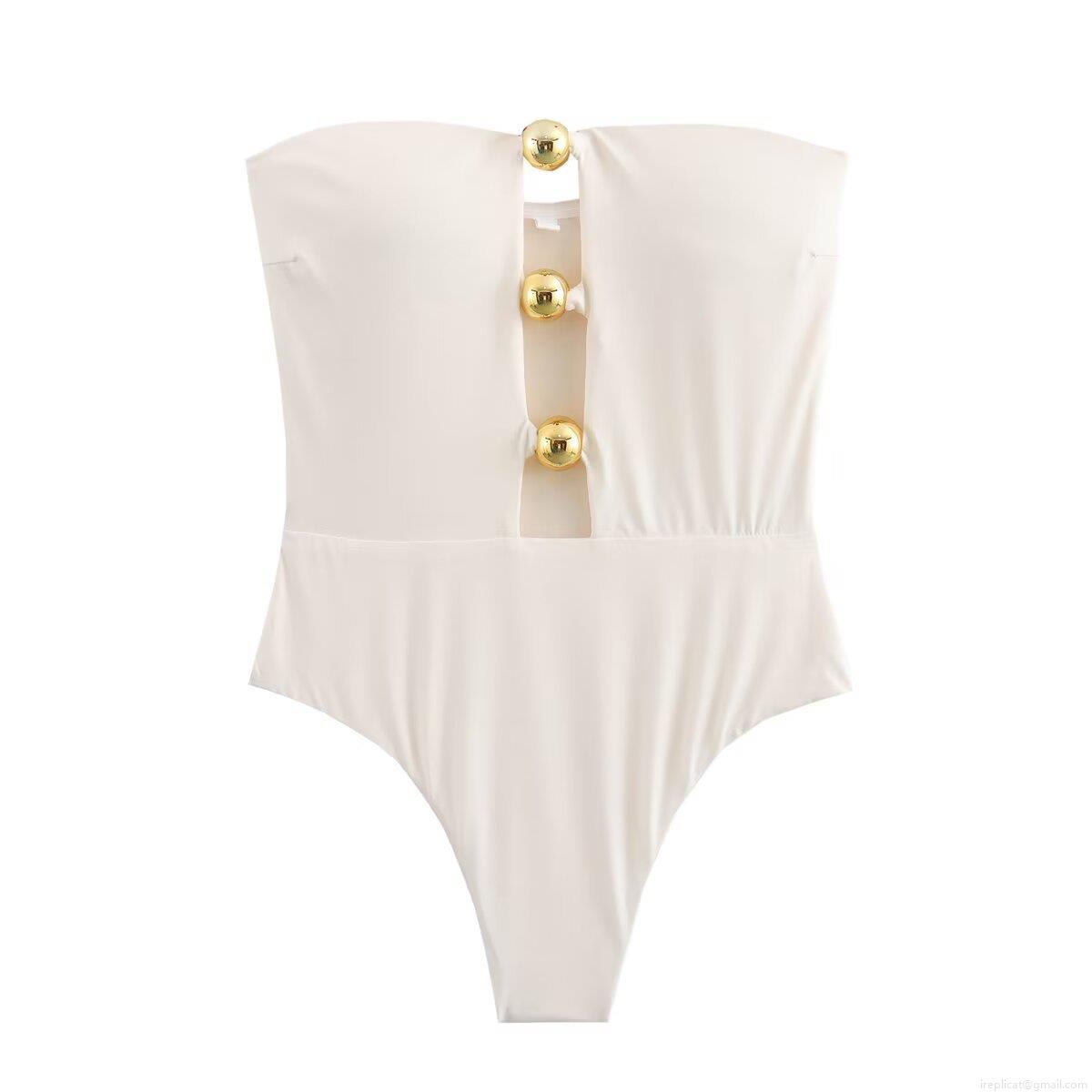 Women Strapless Off Shoulder Bodysuit With Gold Metal Balls Sleeveless Cut Out Pleated Slim Fit Jumpsuit For Party Club Summer Streetwear