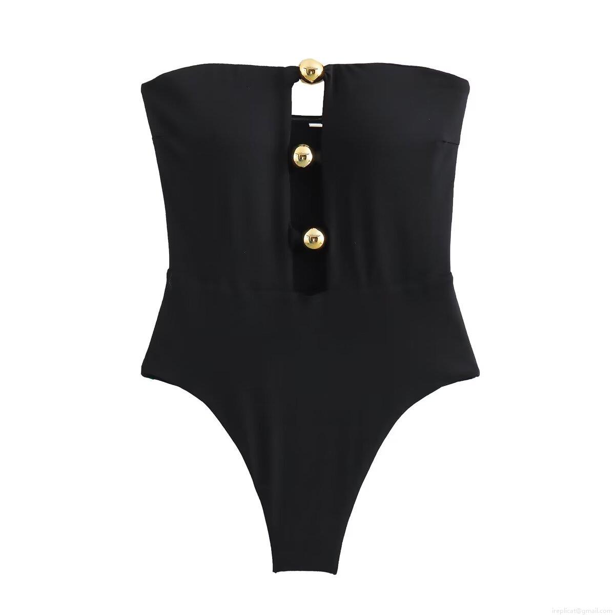 Women Strapless Off Shoulder Bodysuit With Gold Metal Balls Sleeveless Cut Out Pleated Slim Fit Jumpsuit For Party Club Summer Streetwear
