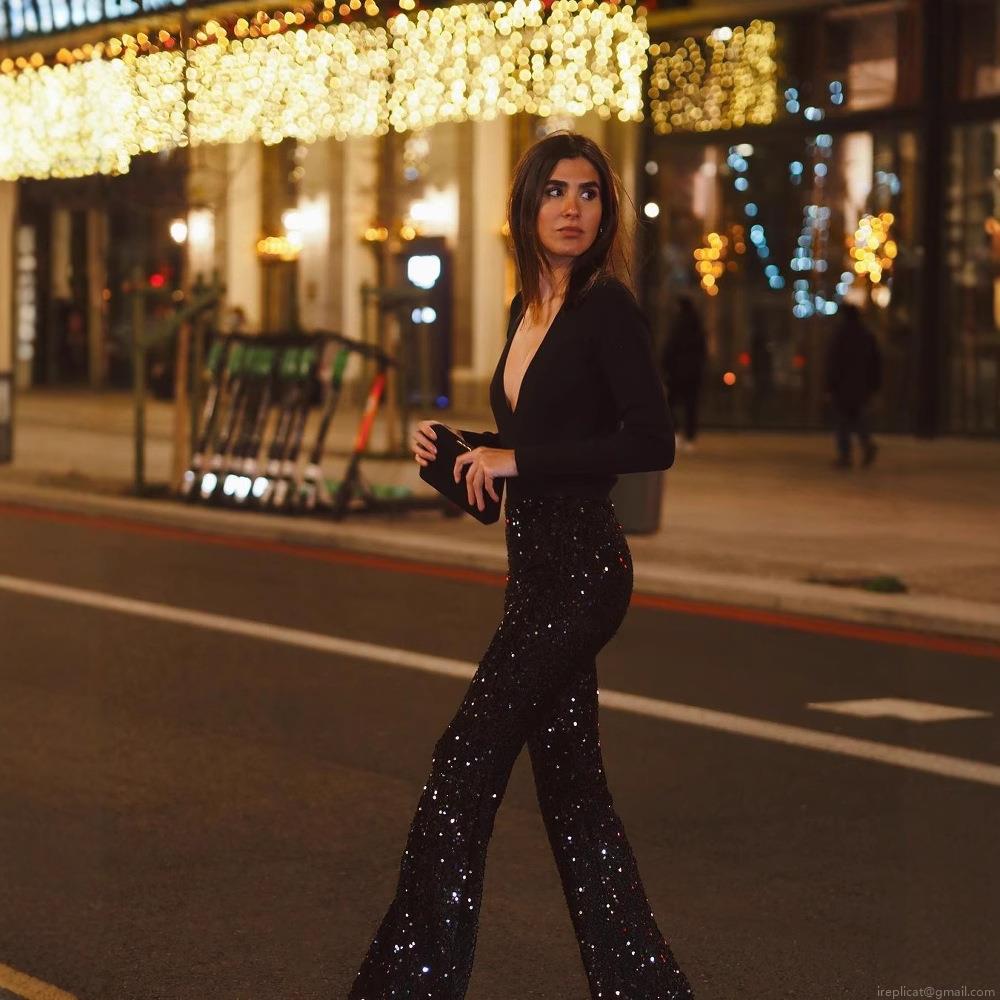 Women's Sexy Long Sleeve Deep V-Neck Bodysuit Slim Fit Shoulder Pad Jumpsuit Solid Color Polyester Elastane One Piece Top For Party Clubwear Night Out