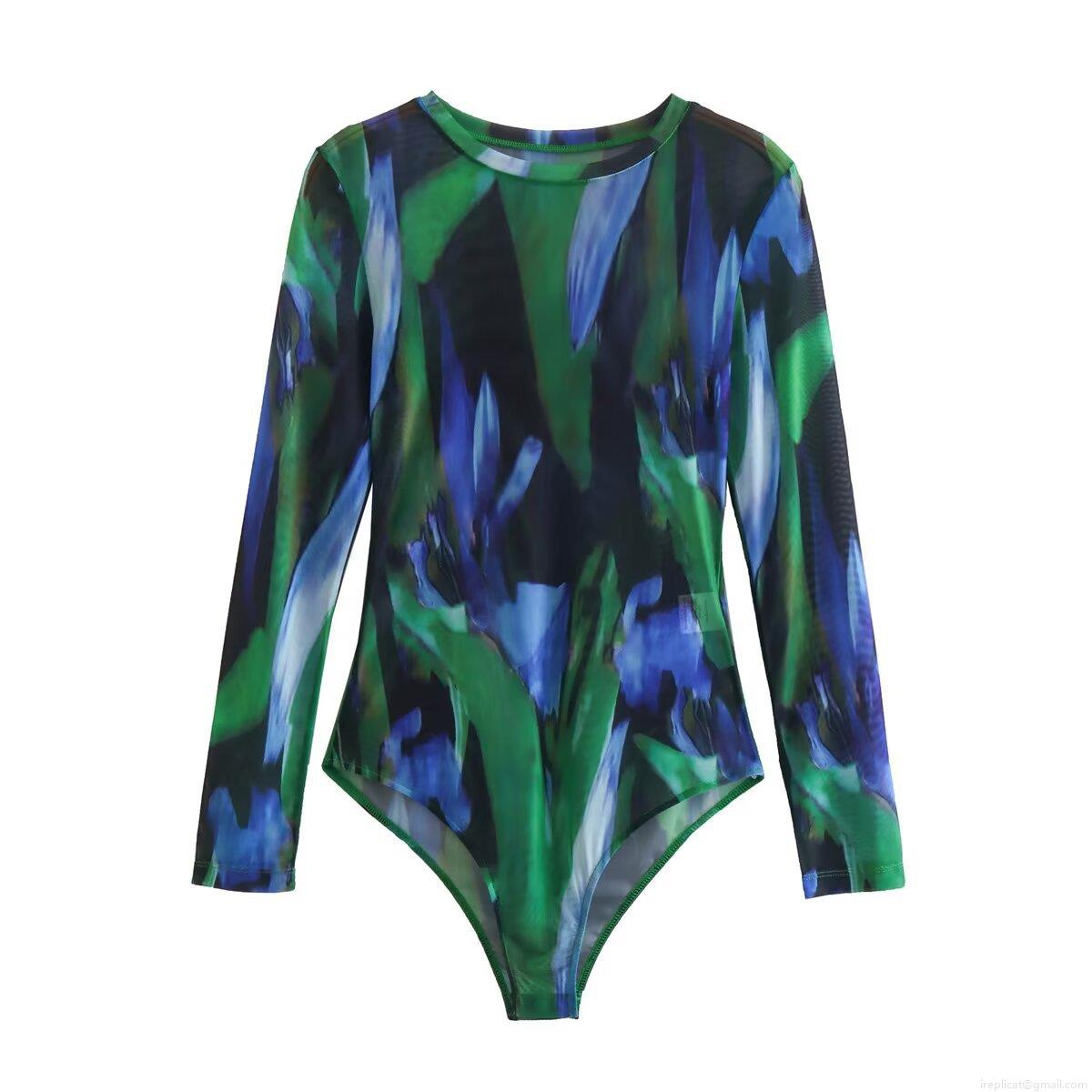 Women's Sexy Abstract Art Print Long Sleeve Mesh Bodysuit Elegant Slim Fit Round Neck See-Through Jumpsuit Top For Summer Party Vacation