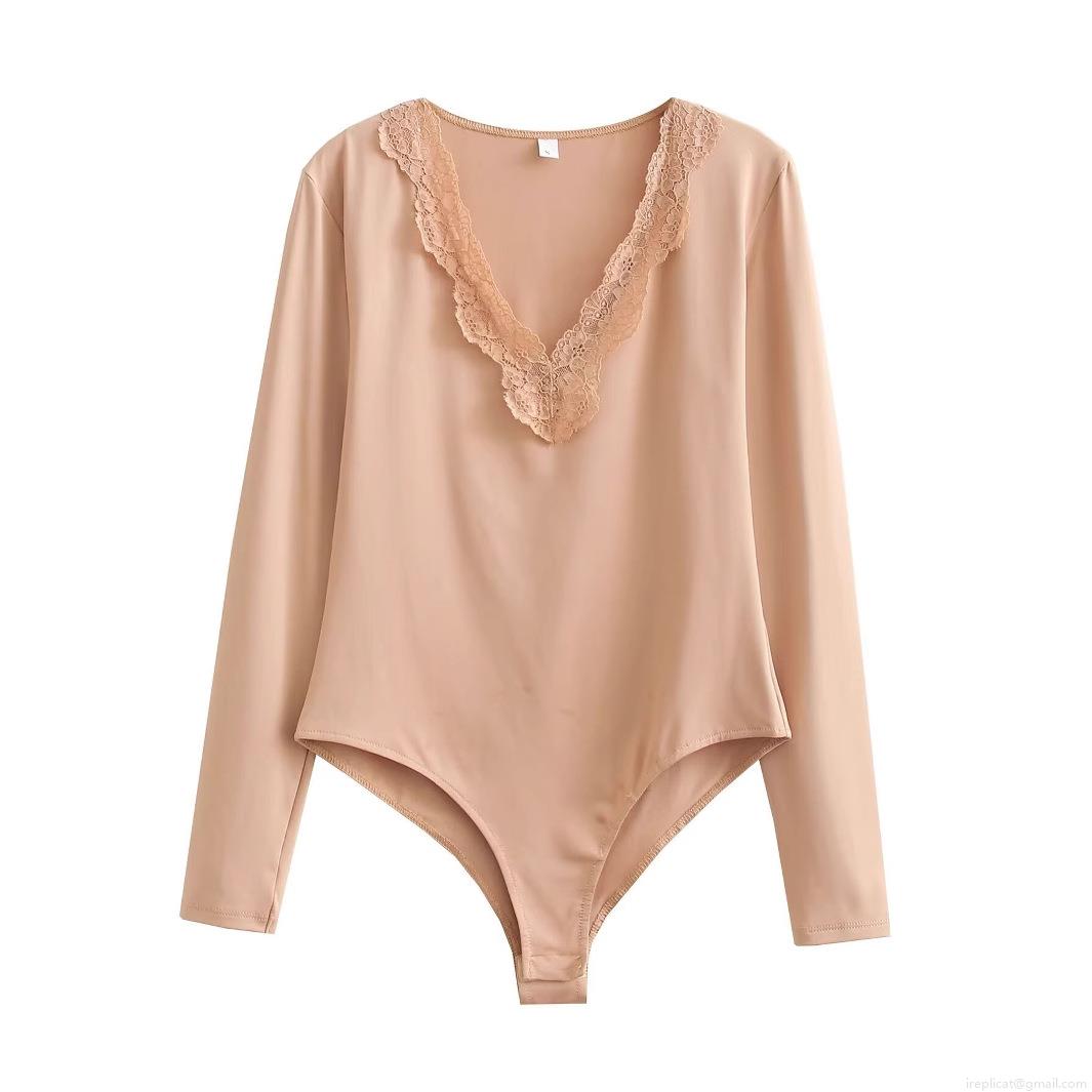 Women's Elegant V Neck Lace Trim Long Sleeve Bodysuit Polyester Elastane Slim Fit Jumpsuit Top For Daily Party Casual Wear Ladies Clothing