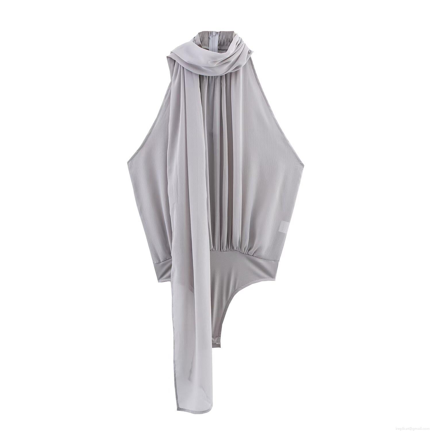 Elegant Women's Bodysuit With Bow Decoration Halter Neck Tulle Fabric Sleeveless Backless Jumpsuit For Party Evening Club Sexy Chic Bodysuit Silver Grey