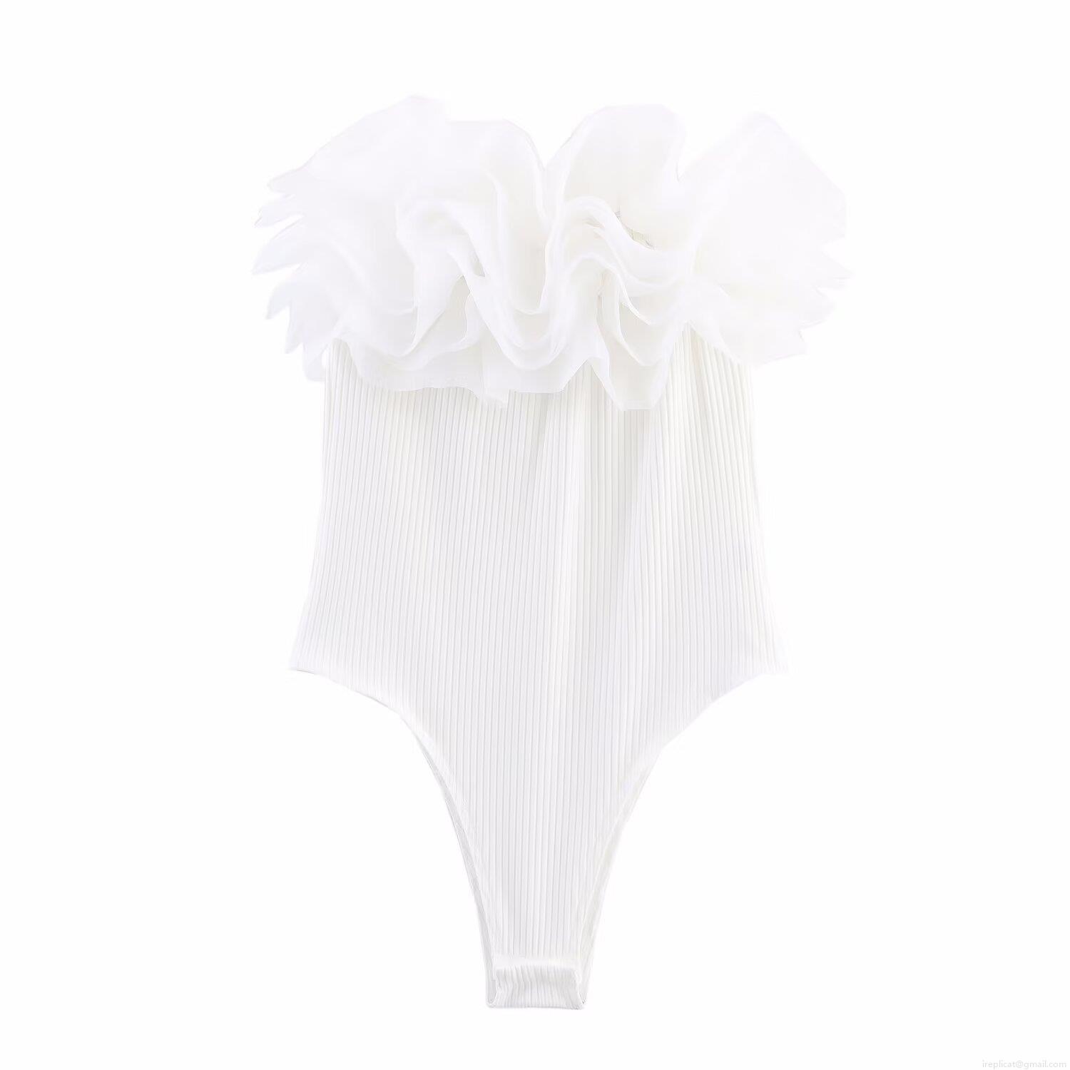 Sexy Women's Ribbed Bodysuit With Layered Organza Ruffle Trim Sleeveless Slim Fit Jumpsuit For Party Clubwear Sleek Style Solid Color White Black